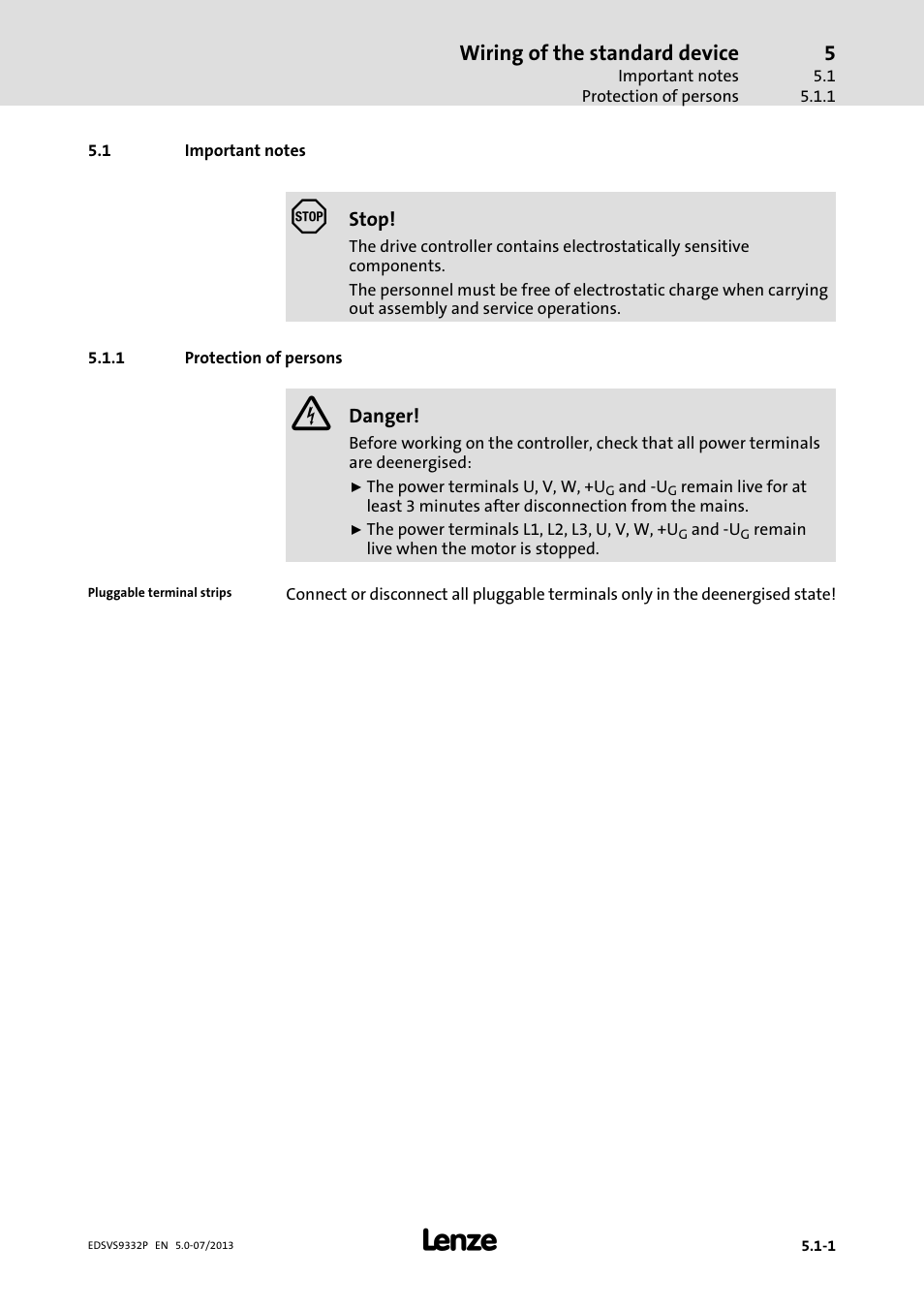 Important notes, Protection of persons, Wiring of the standard device | Lenze EVS9332xP User Manual | Page 73 / 445