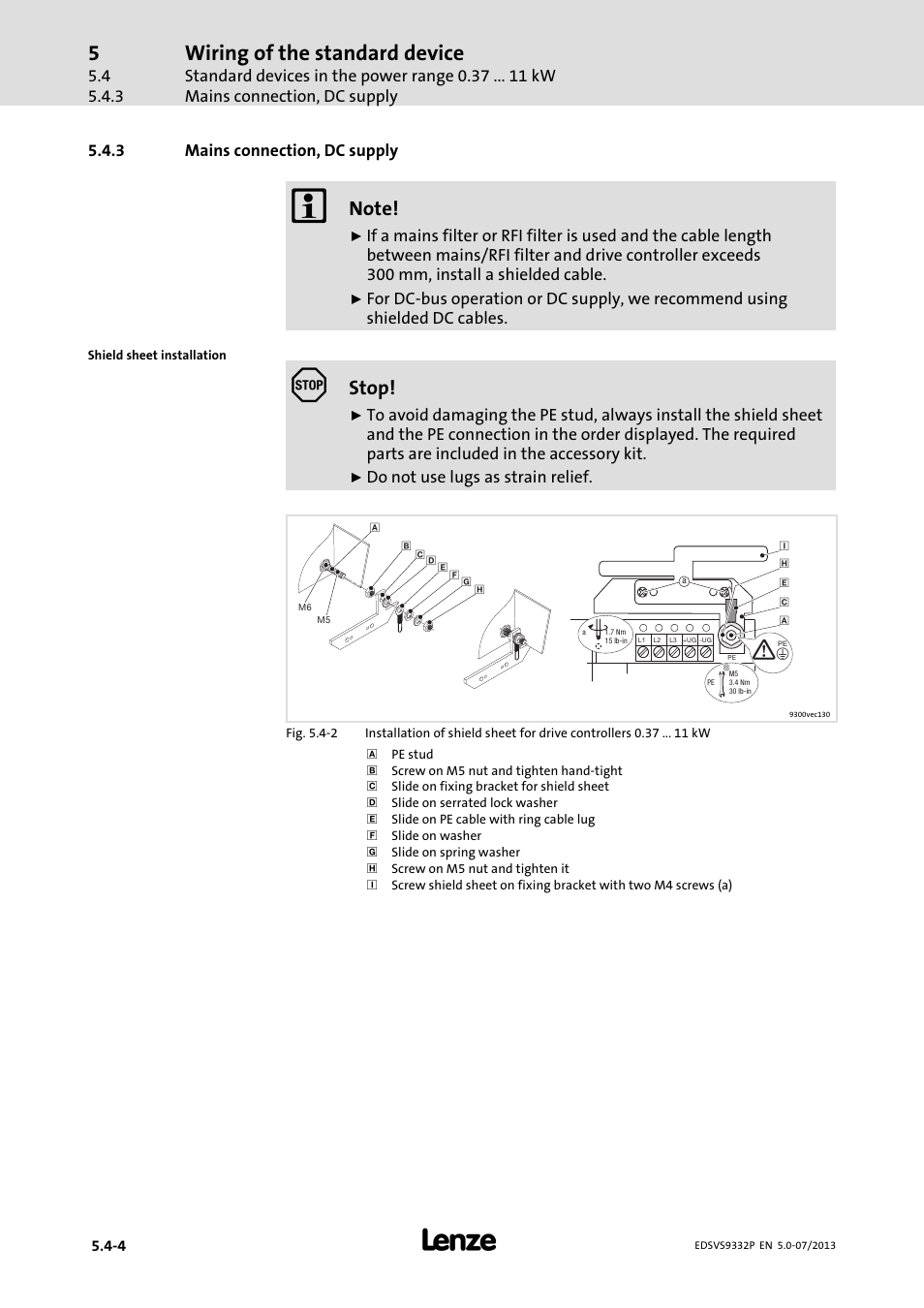 Mains connection, dc supply, Wiring of the standard device, Stop | Lenze EVS9332xP User Manual | Page 96 / 445