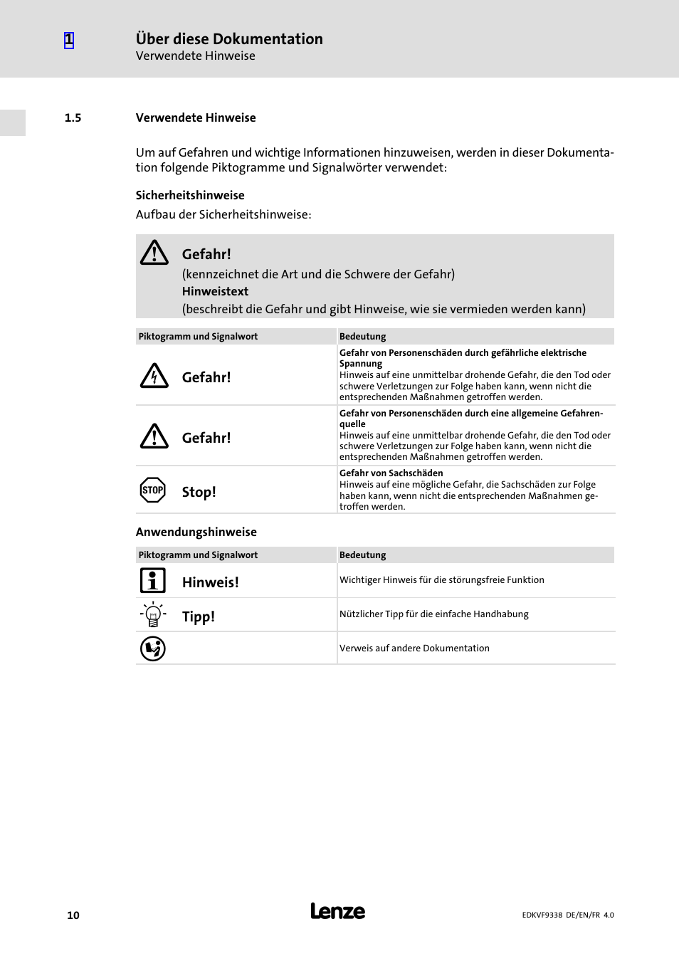 5 verwendete hinweise, Verwendete hinweise | Lenze EVF9338 User Manual | Page 10 / 158