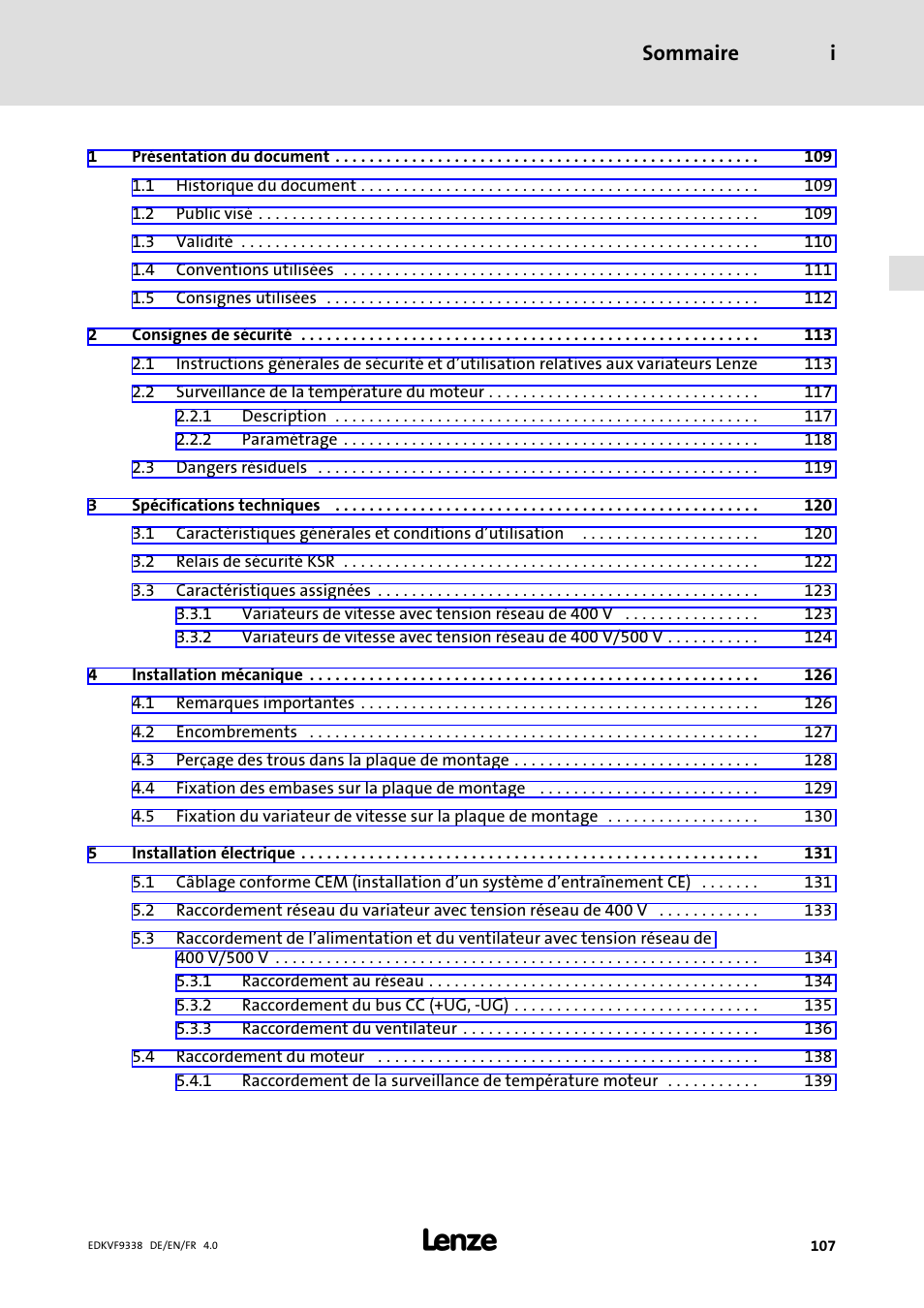 Sommaire, Sommaire i | Lenze EVF9338 User Manual | Page 107 / 158