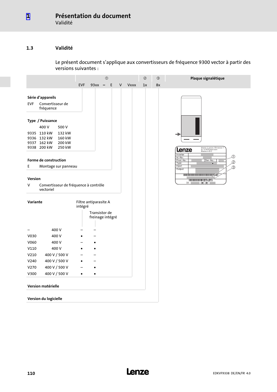 3 validité, Validité, Présentation du document | Lenze EVF9338 User Manual | Page 110 / 158