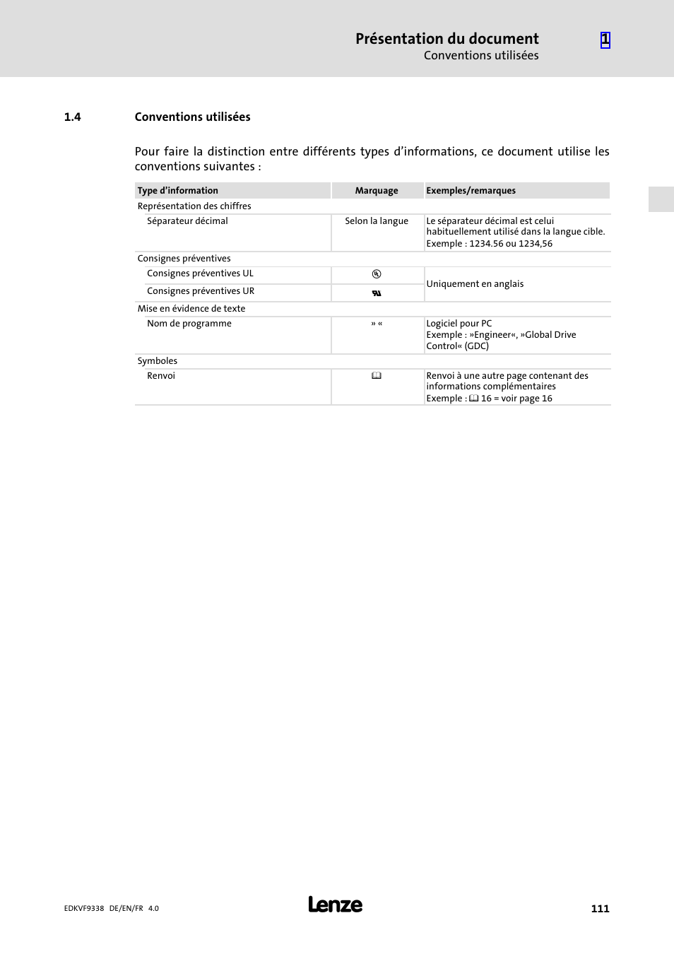 4 conventions utilisées, Conventions utilisées, Présentation du document | Lenze EVF9338 User Manual | Page 111 / 158