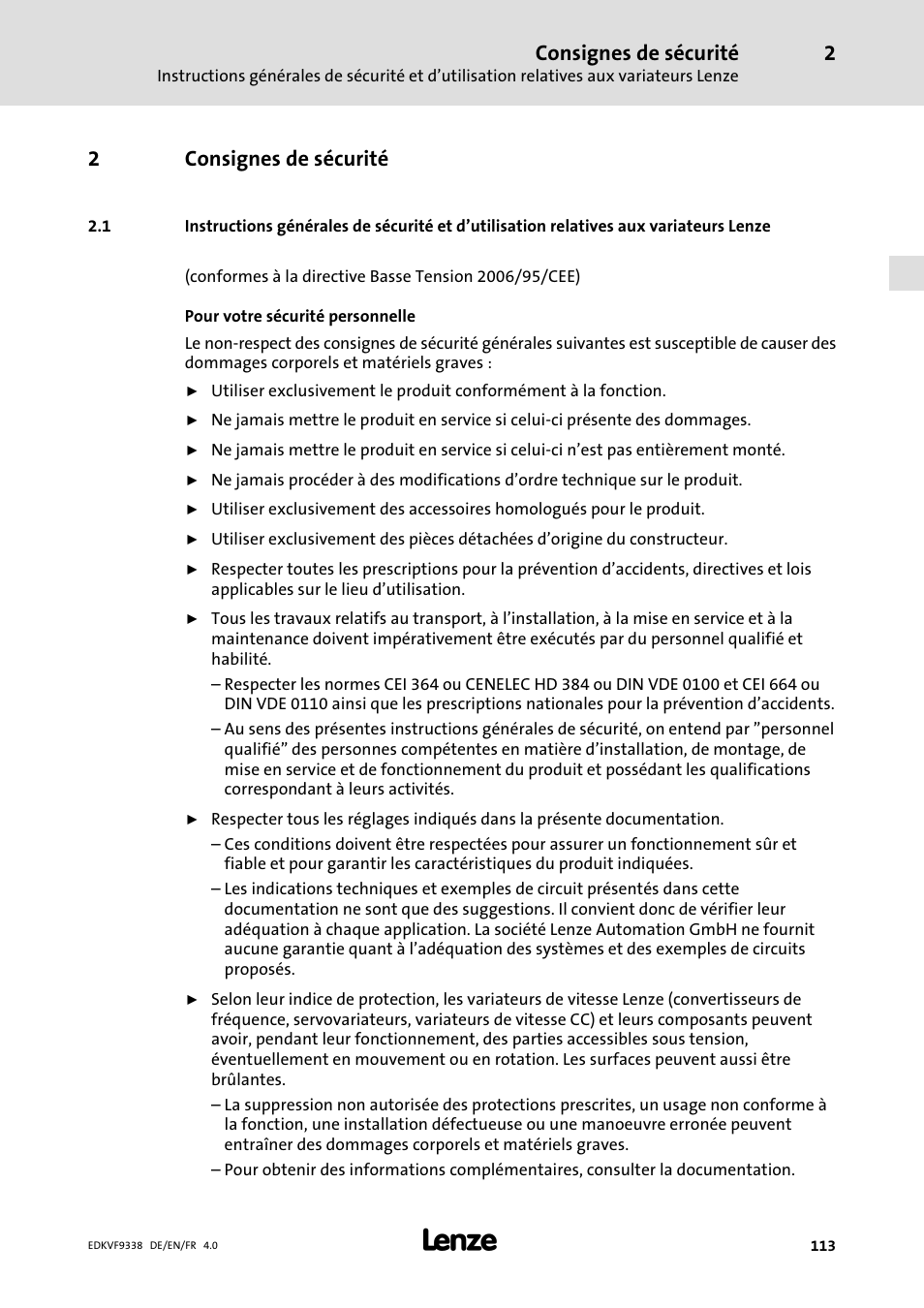 2 consignes de sécurité, Consignes de sécurité, 2consignes de sécurité | Lenze EVF9338 User Manual | Page 113 / 158