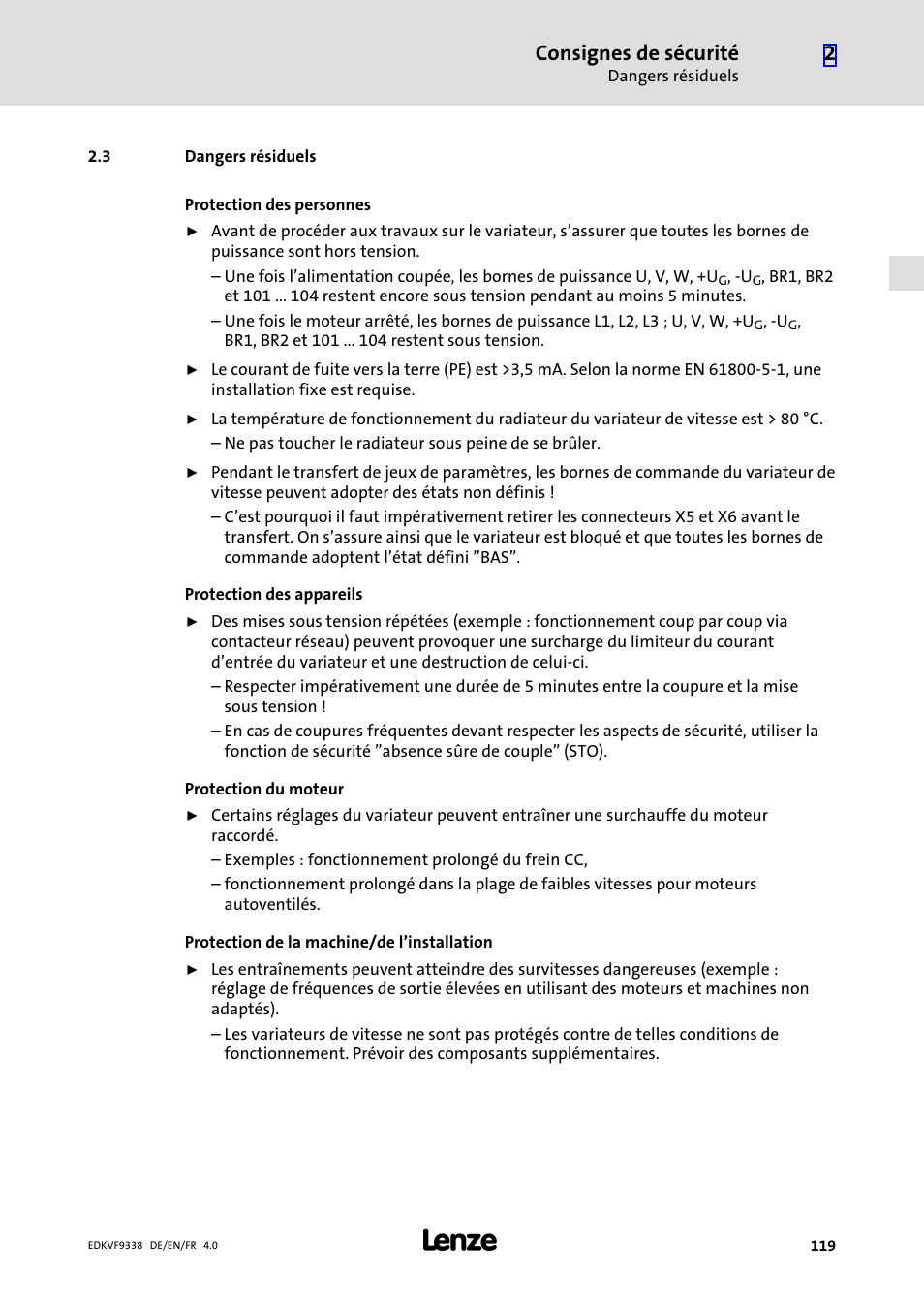 3 dangers résiduels, Dangers résiduels, Consignes de sécurité | Lenze EVF9338 User Manual | Page 119 / 158