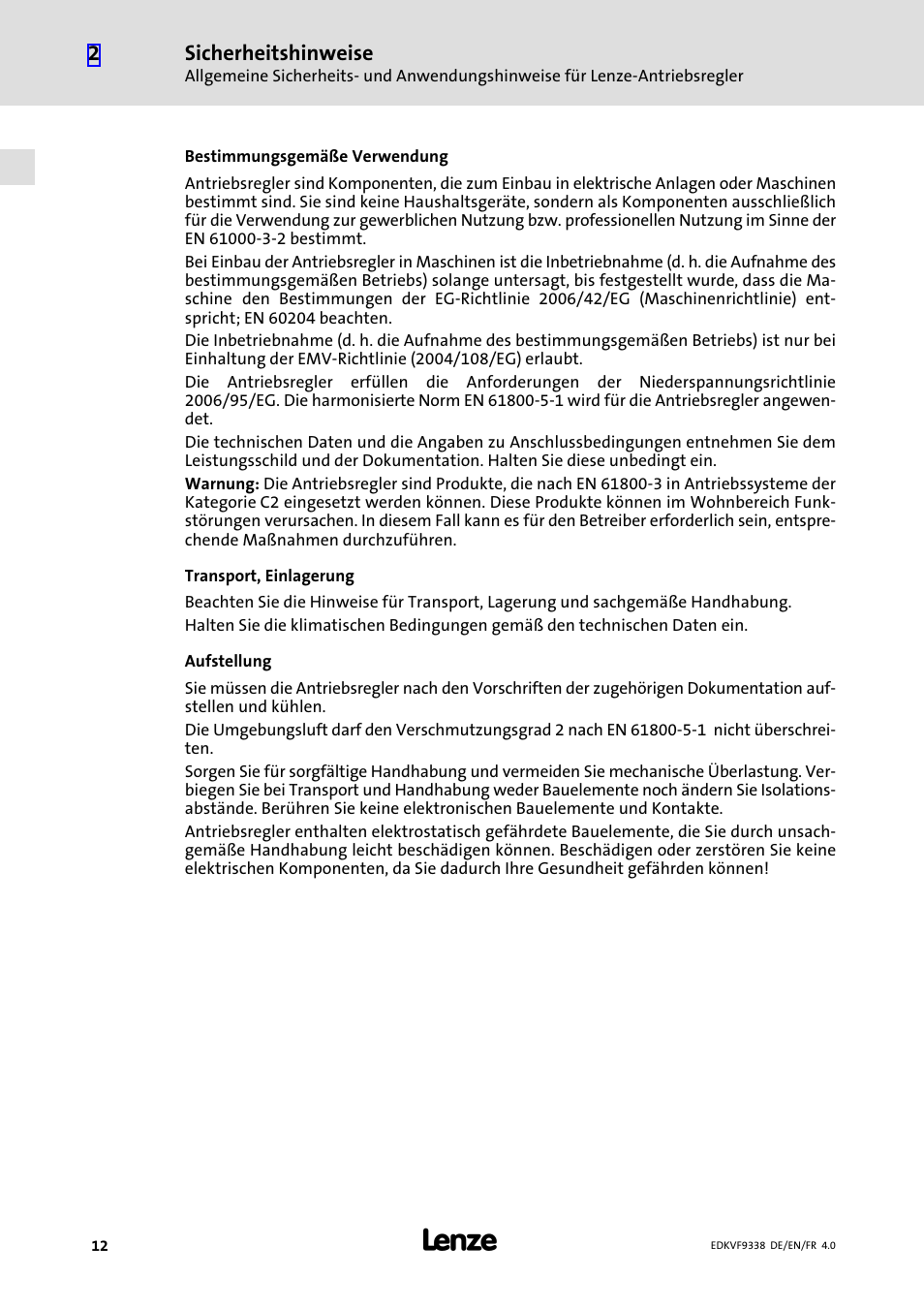 Lenze EVF9338 User Manual | Page 12 / 158