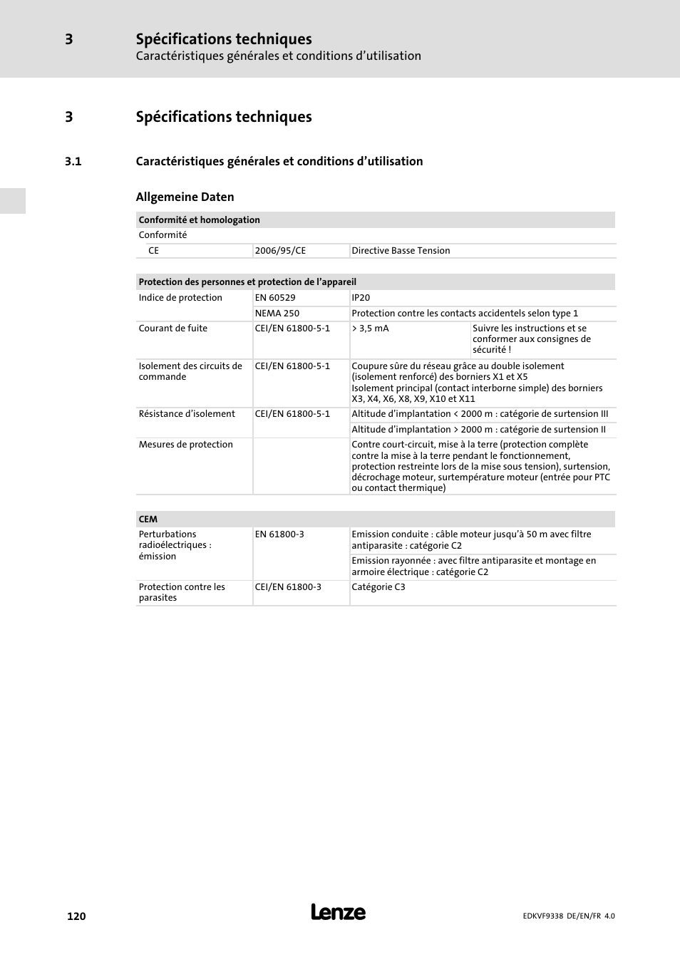 3 spécifications techniques, Spécifications techniques, 3spécifications techniques | Lenze EVF9338 User Manual | Page 120 / 158