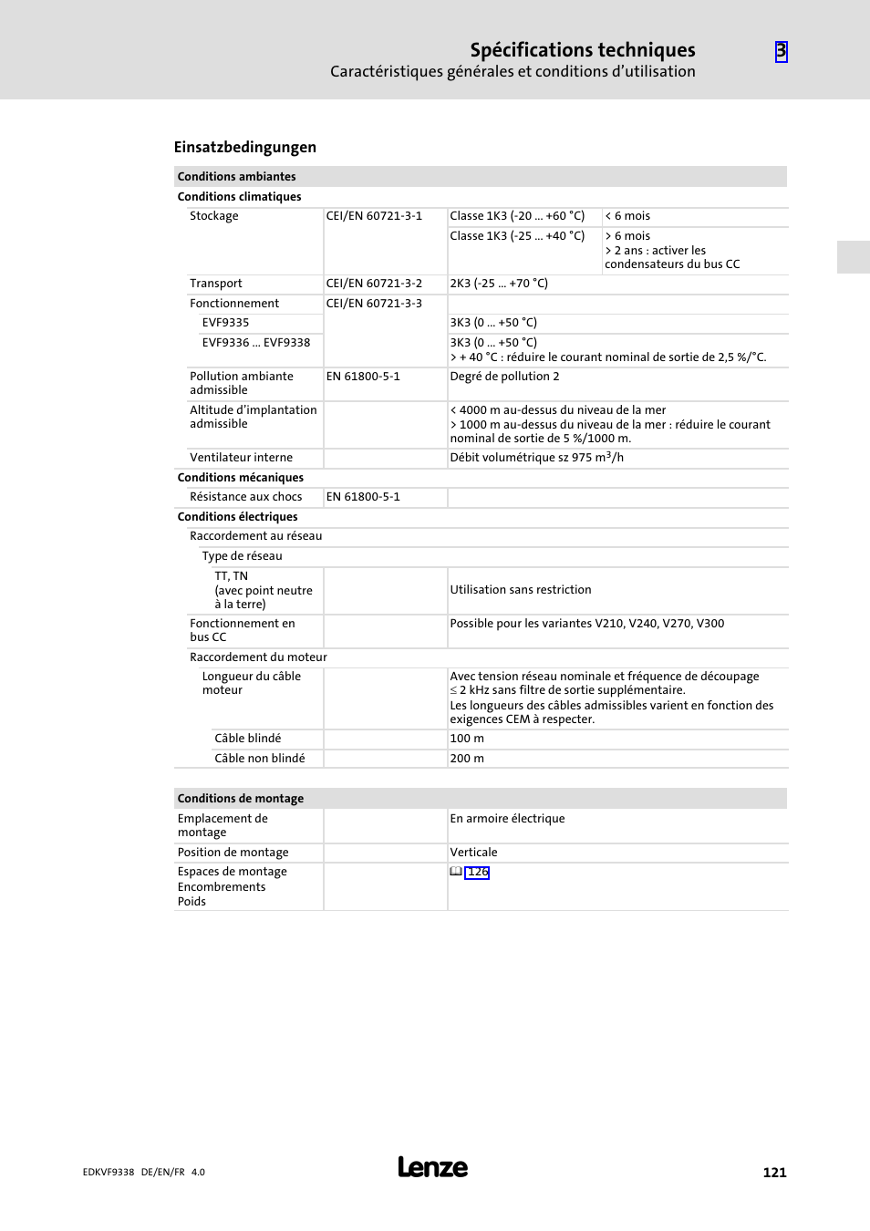 Spécifications techniques | Lenze EVF9338 User Manual | Page 121 / 158