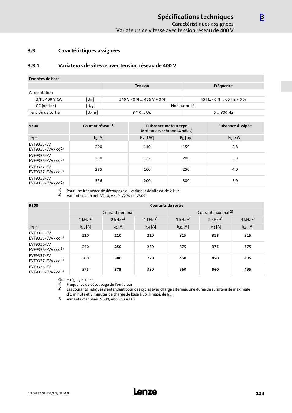 3 caractéristiques assignées, Caractéristiques assignées, Variateurs de vitesse avec tension réseau de 400 v | Spécifications techniques | Lenze EVF9338 User Manual | Page 123 / 158