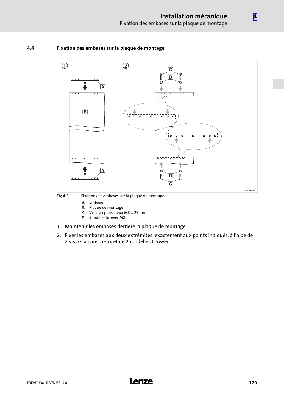 4 fixation des embases sur la plaque de montage, Fixation des embases sur la plaque de montage | Lenze EVF9338 User Manual | Page 129 / 158