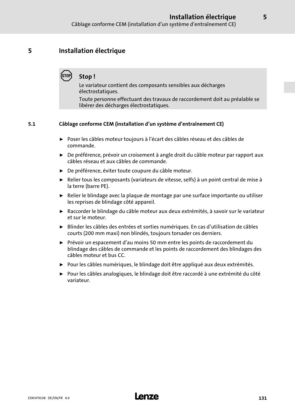 5 installation électrique, Installation électrique, 5installation électrique | Lenze EVF9338 User Manual | Page 131 / 158