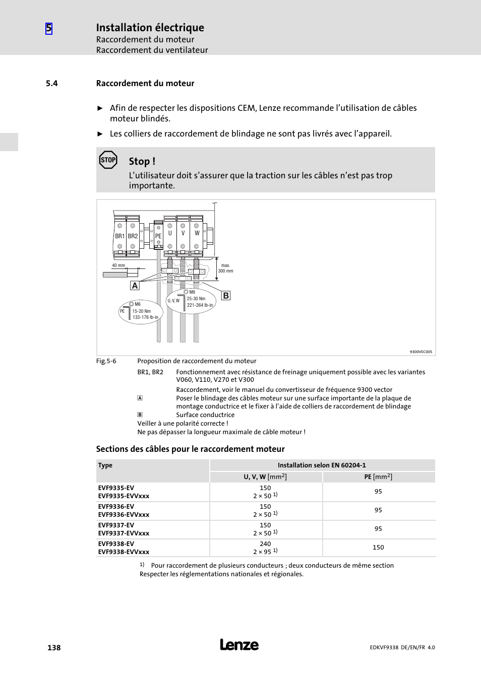 4 raccordement du moteur, Raccordement du moteur, Installation électrique | Stop | Lenze EVF9338 User Manual | Page 138 / 158