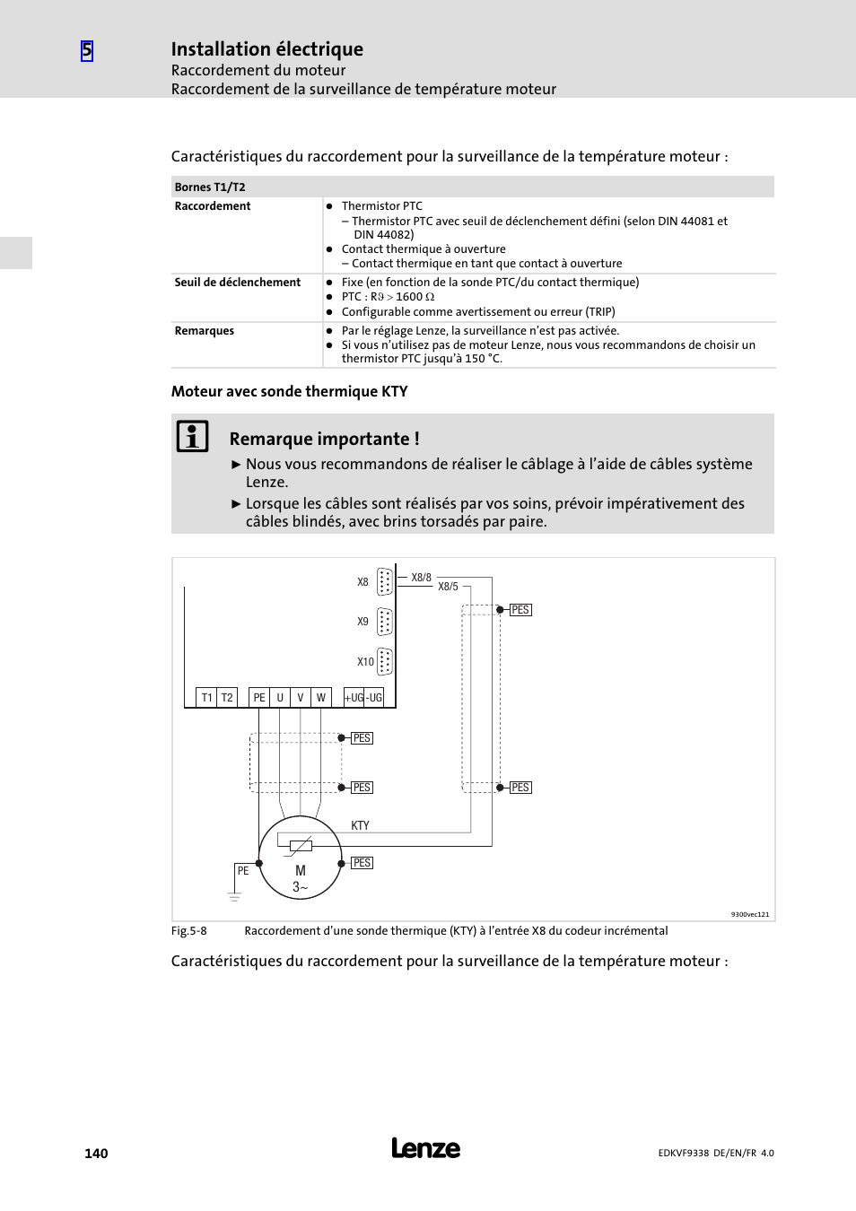 Installation électrique, Remarque importante | Lenze EVF9338 User Manual | Page 140 / 158
