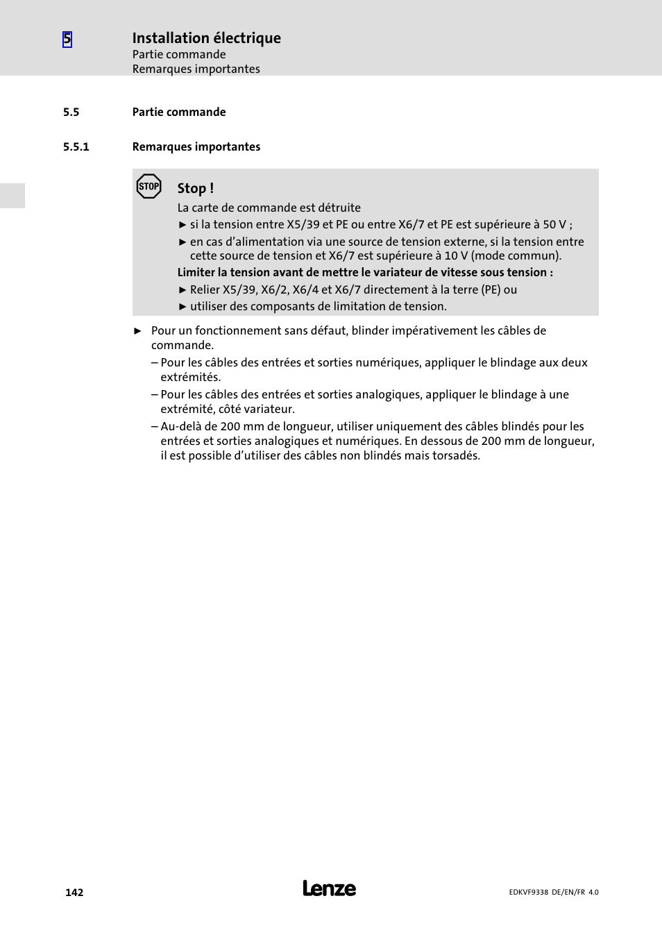 5 partie commande, 1 remarques importantes, Partie commande | Remarques importantes | Lenze EVF9338 User Manual | Page 142 / 158