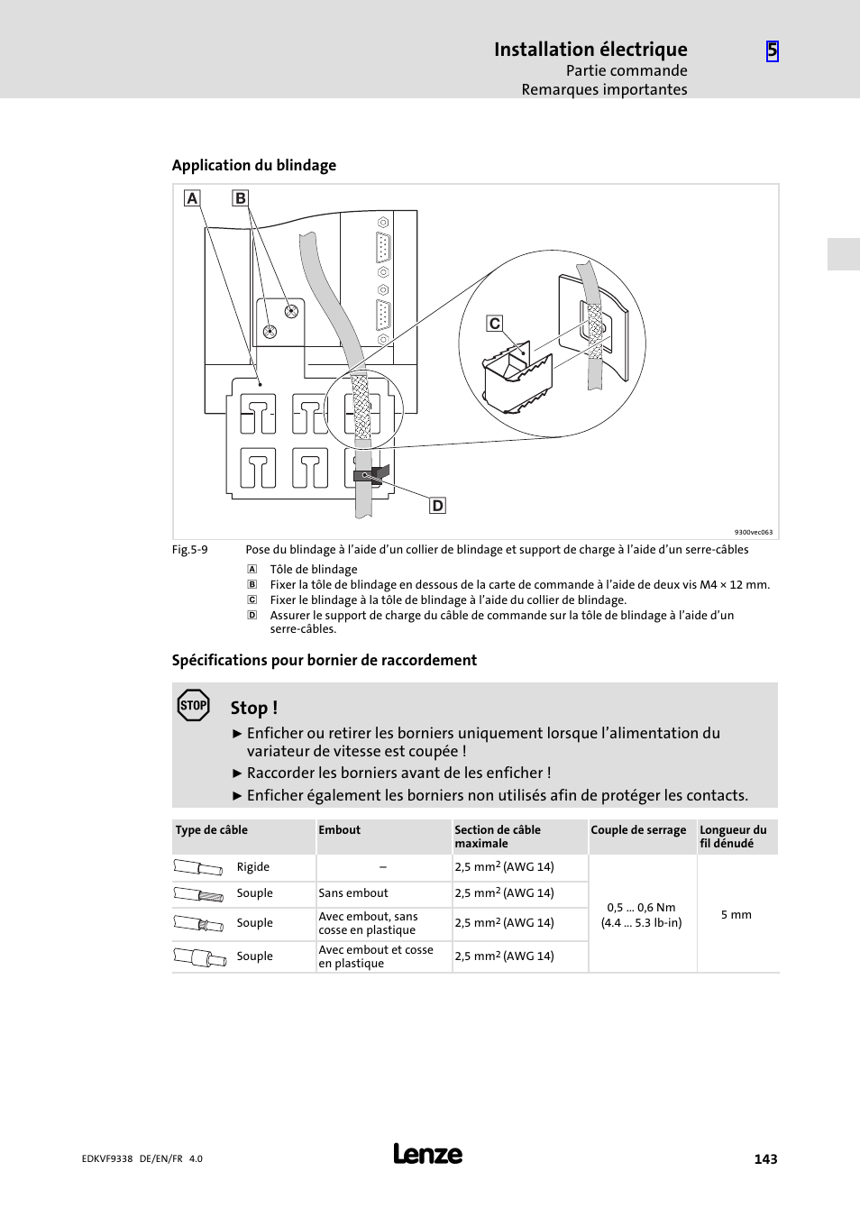 Installation électrique, Stop | Lenze EVF9338 User Manual | Page 143 / 158