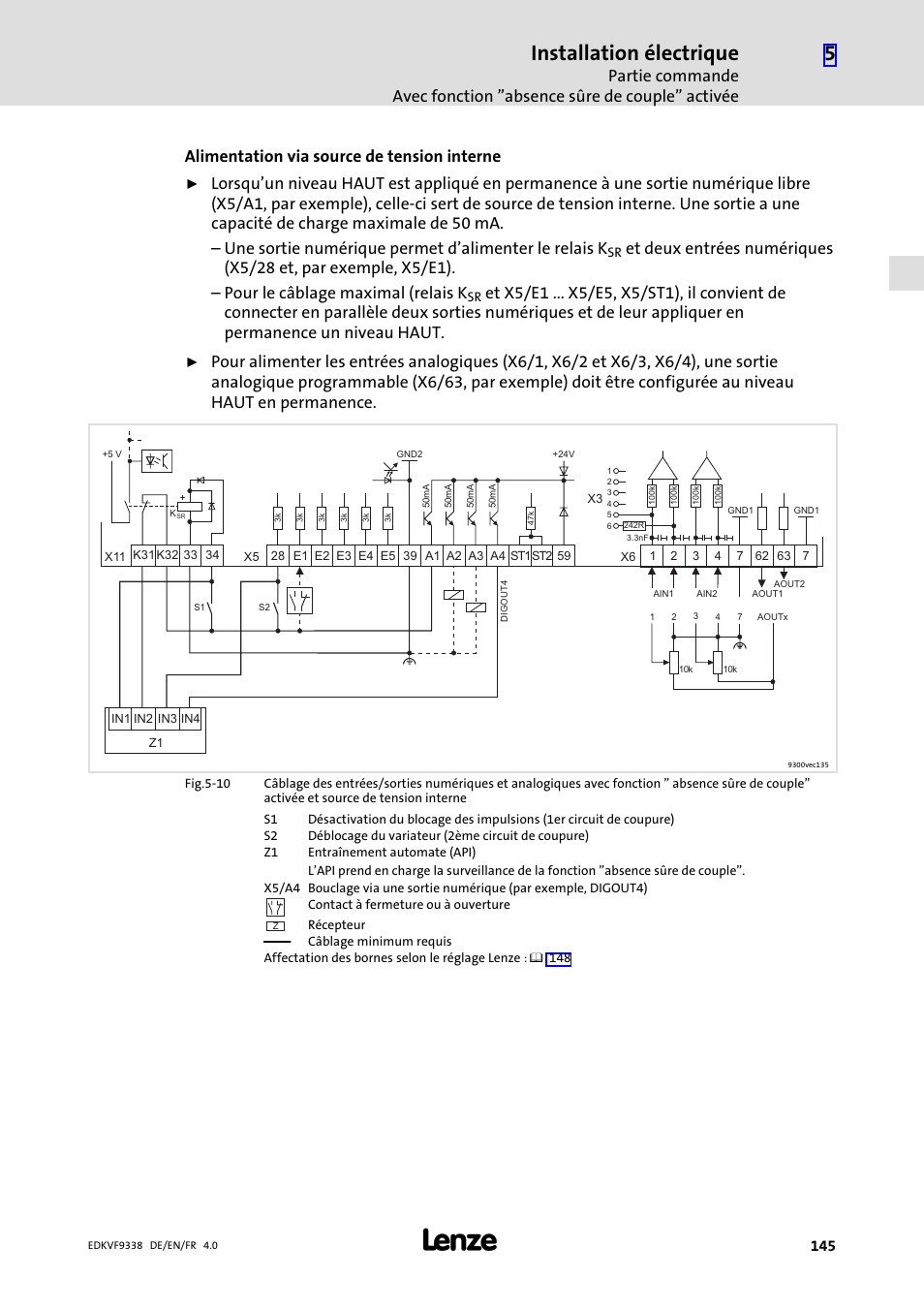 Installation électrique, Alimentation via source de tension interne | Lenze EVF9338 User Manual | Page 145 / 158