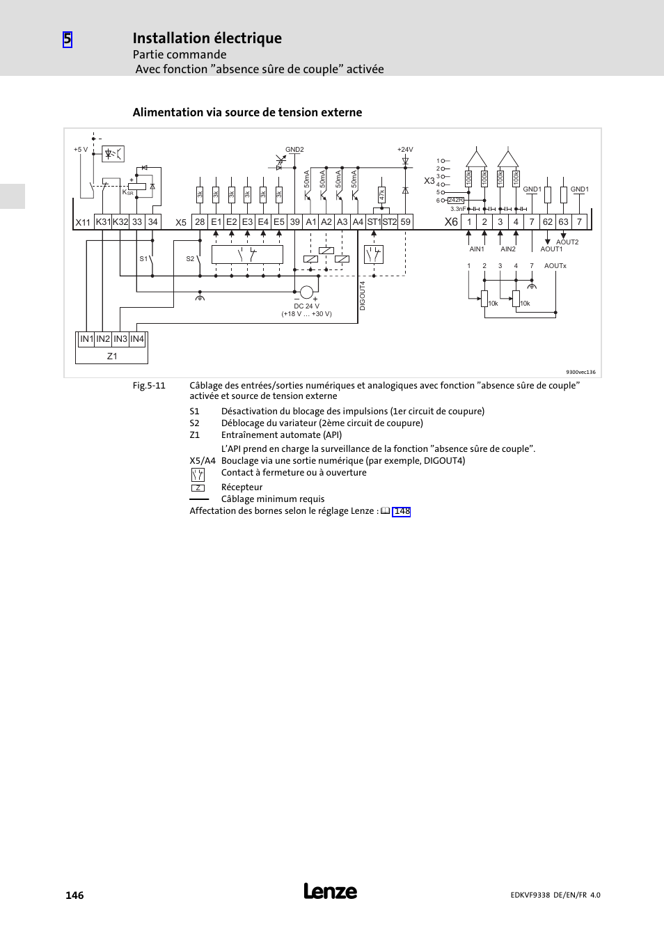 Installation électrique, Alimentation via source de tension externe | Lenze EVF9338 User Manual | Page 146 / 158