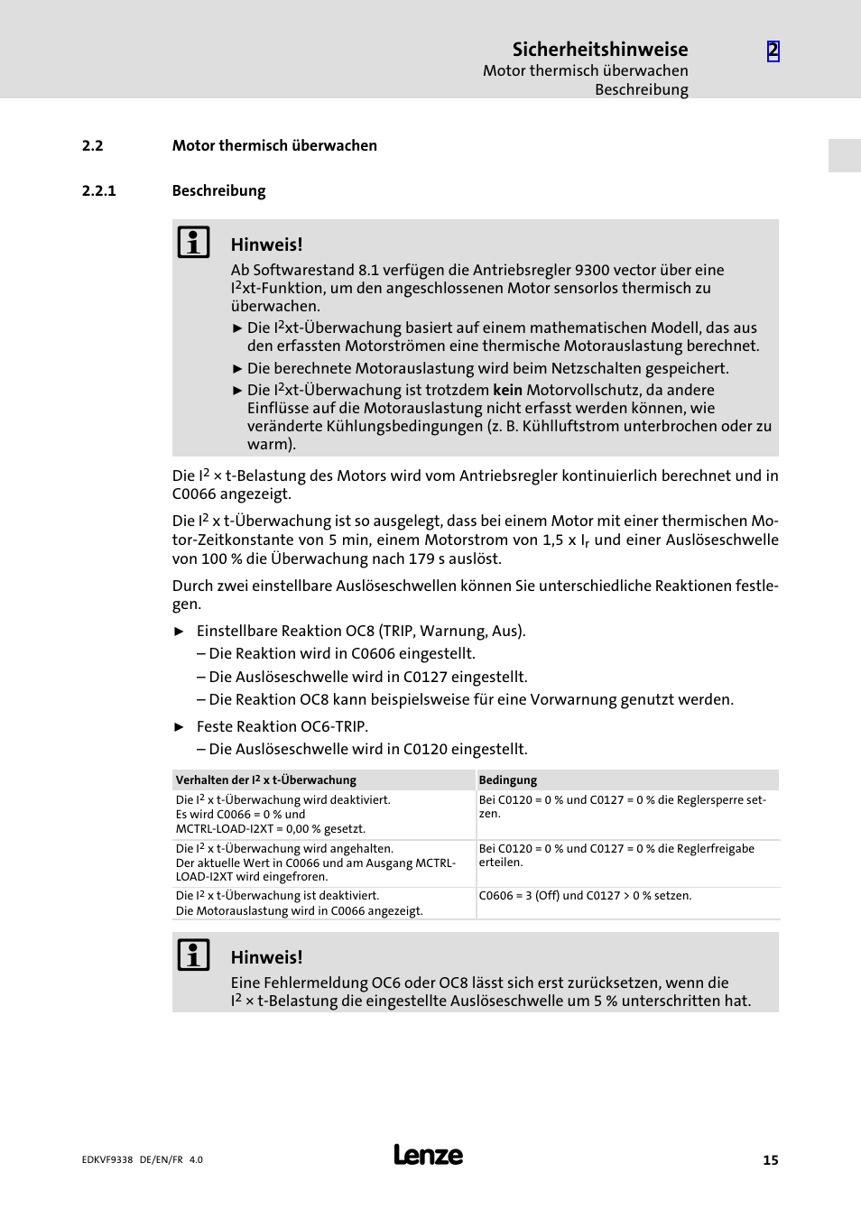 2 motor thermisch überwachen, 1 beschreibung, Motor thermisch überwachen | Beschreibung, Sicherheitshinweise, Hinweis | Lenze EVF9338 User Manual | Page 15 / 158