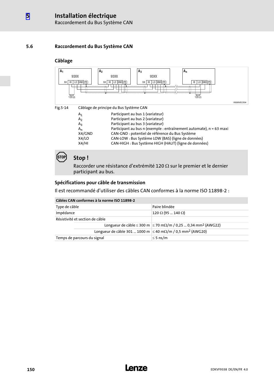 6 raccordement du bus système can, Raccordement du bus système can, Installation électrique | Stop, 6 raccordement du bus système can câblage | Lenze EVF9338 User Manual | Page 150 / 158