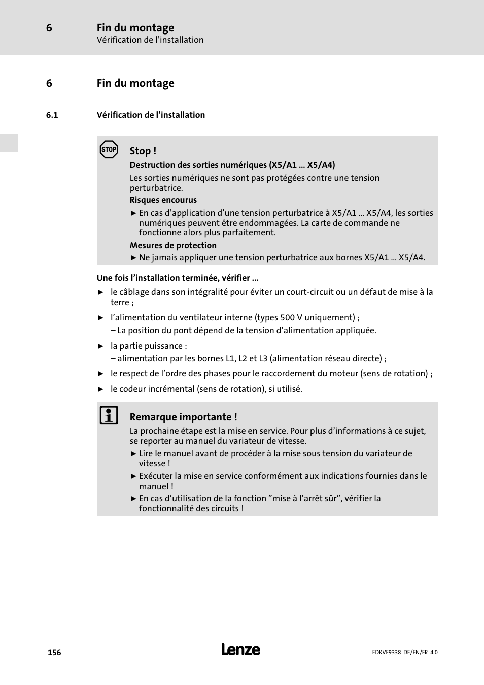 6 fin du montage, 1 vérification de l'installation, Fin du montage | Vérification de l’installation | Lenze EVF9338 User Manual | Page 156 / 158