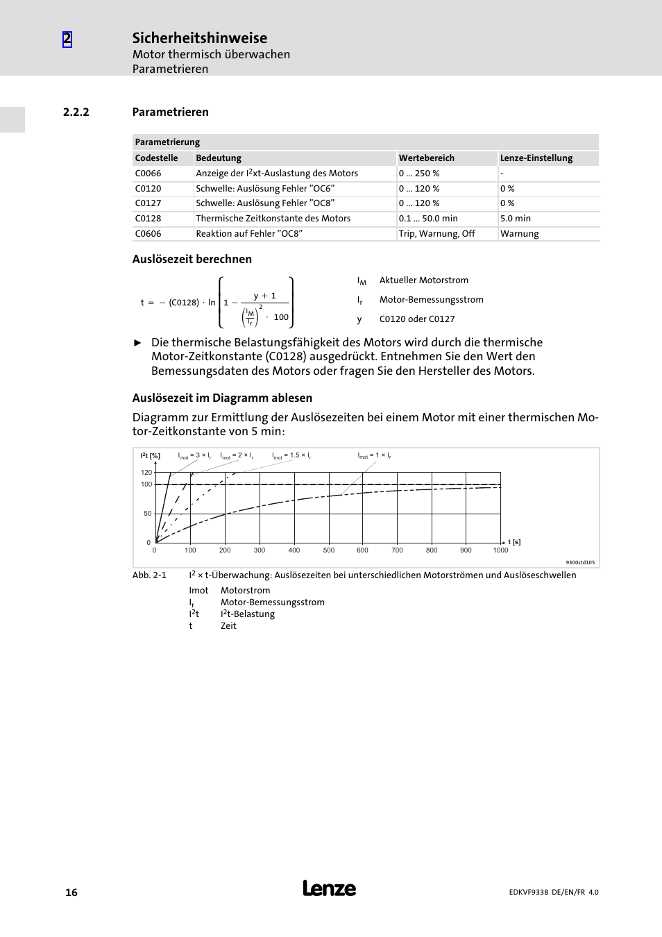 2 parametrieren, Parametrieren, Ȧȡ ȣ | Ȧȣ ȥ, Sicherheitshinweise, Motor thermisch überwachen parametrieren, Auslösezeit berechnen | Lenze EVF9338 User Manual | Page 16 / 158