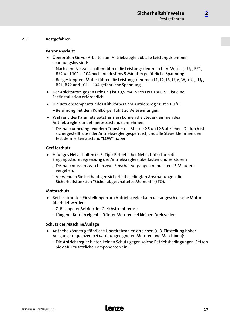 3 restgefahren, Restgefahren, Sicherheitshinweise | Lenze EVF9338 User Manual | Page 17 / 158