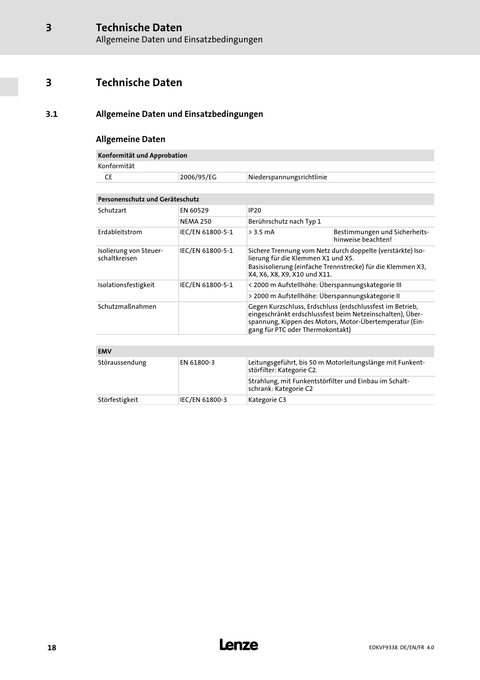 3 technische daten, 1 allgemeine daten und einsatzbedingungen, Technische daten | Allgemeine daten und einsatzbedingungen, 3technische daten | Lenze EVF9338 User Manual | Page 18 / 158