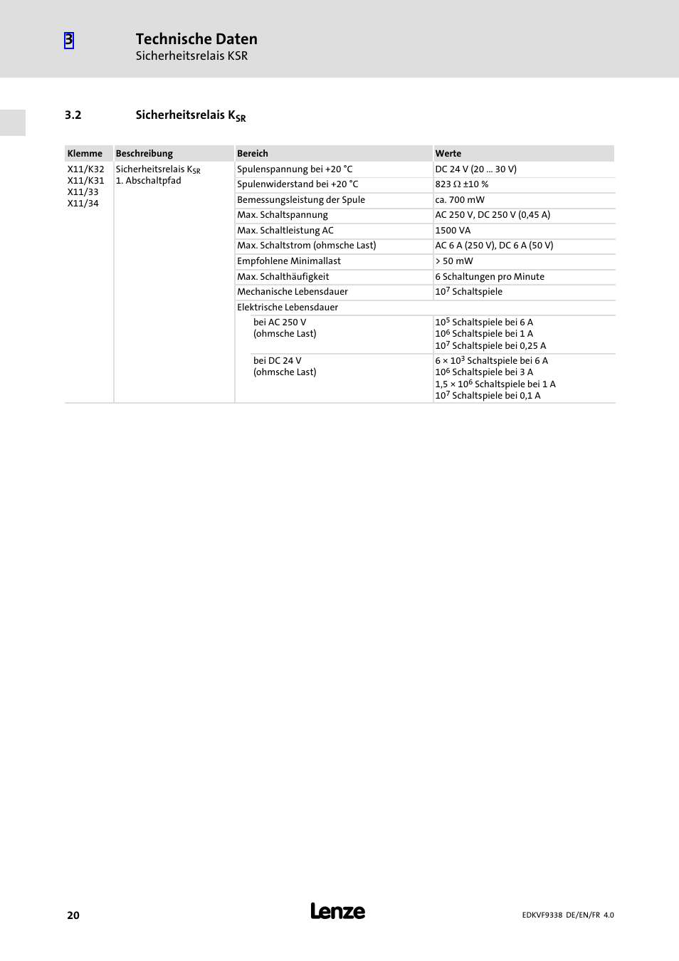 2 sicherheitsrelais ksr, Sicherheitsrelais ksr, Technische daten | Lenze EVF9338 User Manual | Page 20 / 158