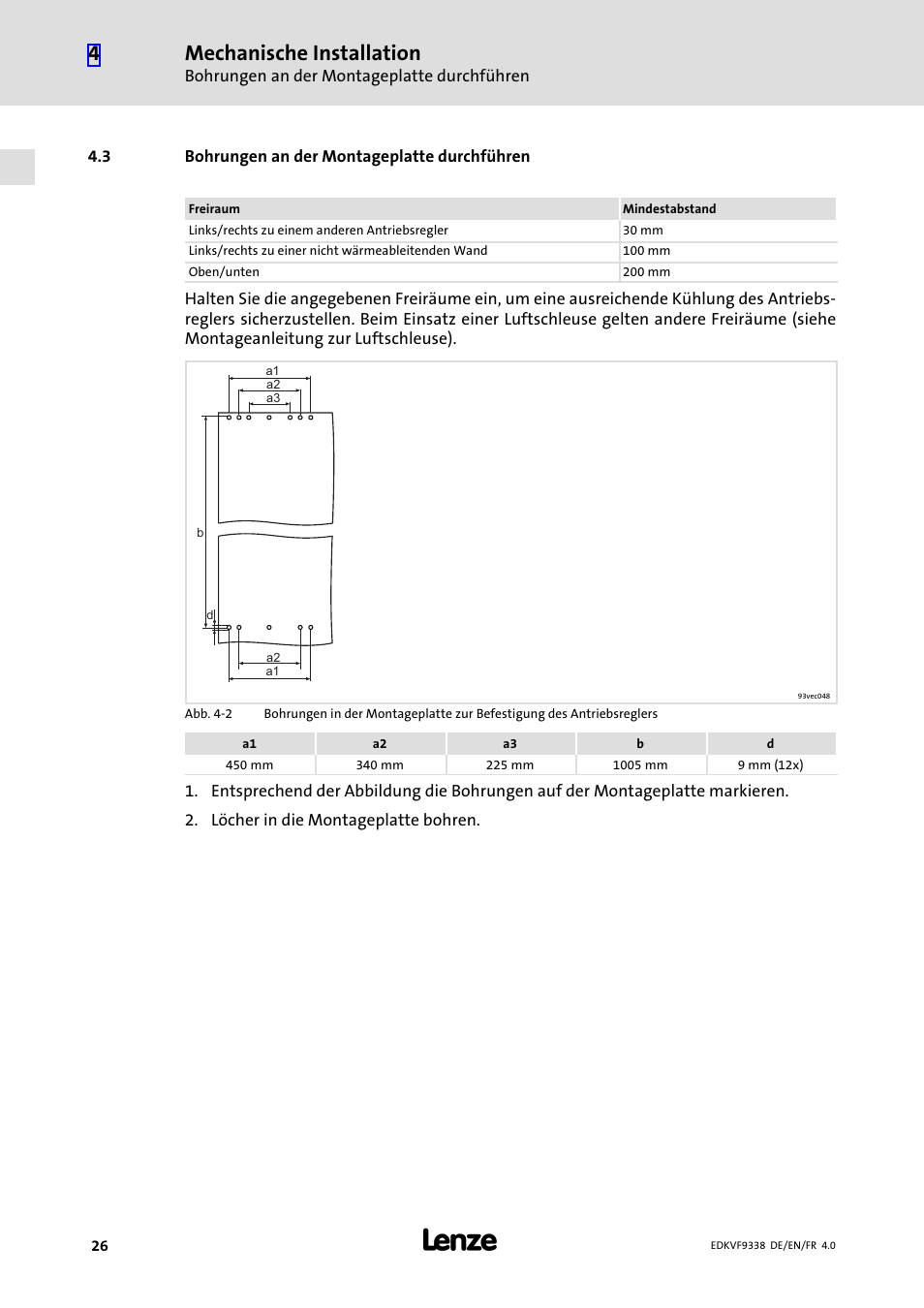 3 bohrungen an der montageplatte durchführen, Bohrungen an der montageplatte durchführen, Mechanische installation | Lenze EVF9338 User Manual | Page 26 / 158