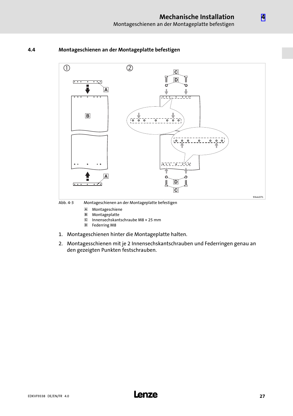 4 montageschienen an der montageplatte befestigen, Montageschienen an der montageplatte befestigen | Lenze EVF9338 User Manual | Page 27 / 158