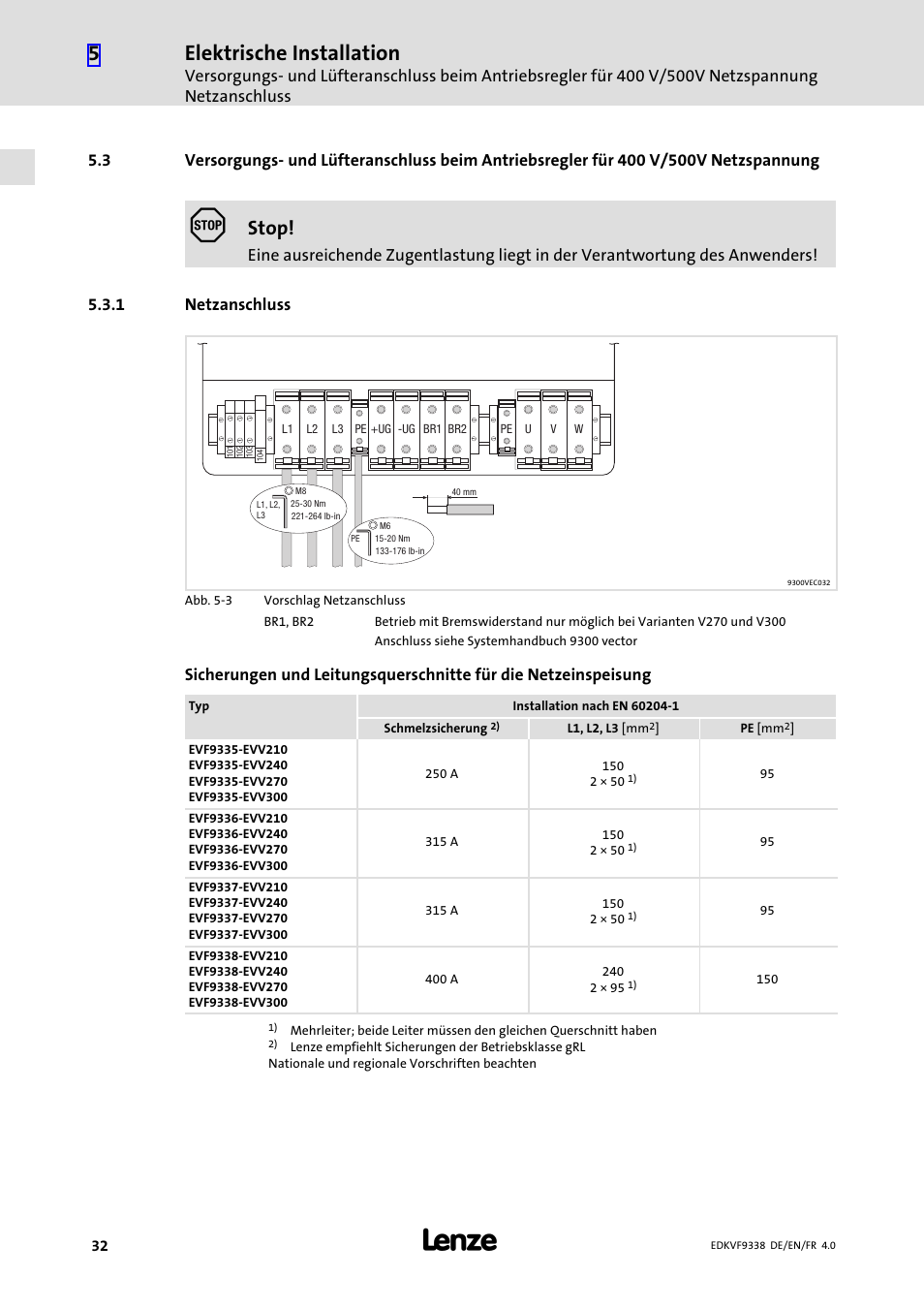 1 netzanschluss, Netzanschluss, Elektrische installation | Stop | Lenze EVF9338 User Manual | Page 32 / 158