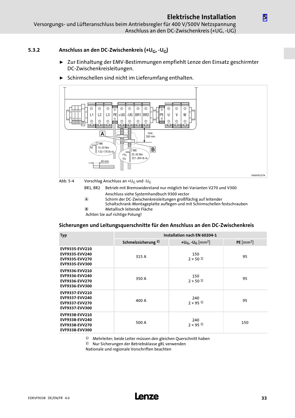 2 anschluss an den dc-zwischenkreis (+ug, -ug), Anschluss an den dc−zwischenkreis (+ug, −ug), Elektrische installation | 2 anschluss an den dc−zwischenkreis (+u | Lenze EVF9338 User Manual | Page 33 / 158