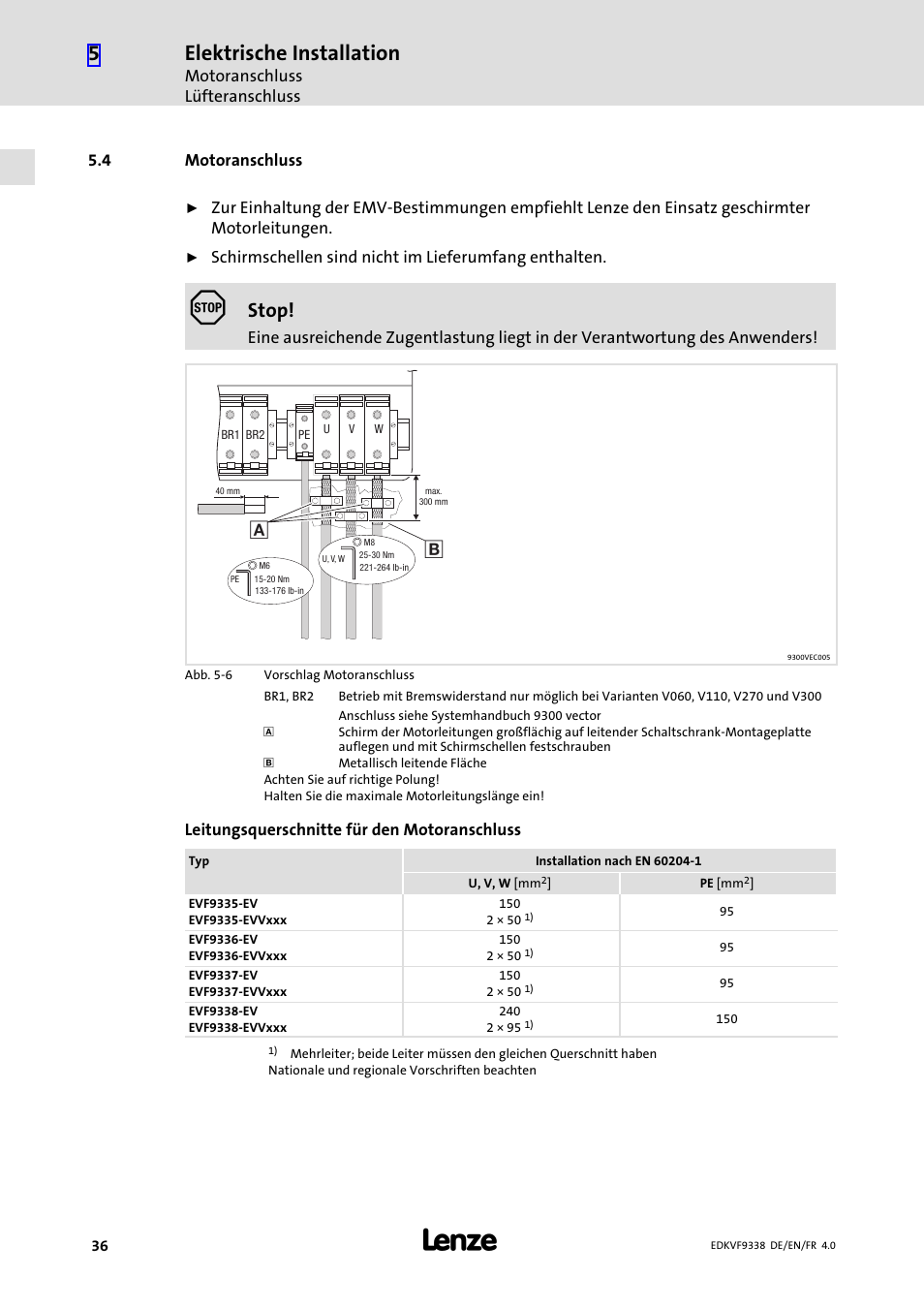 4 motoranschluss, Motoranschluss, Elektrische installation | Stop | Lenze EVF9338 User Manual | Page 36 / 158