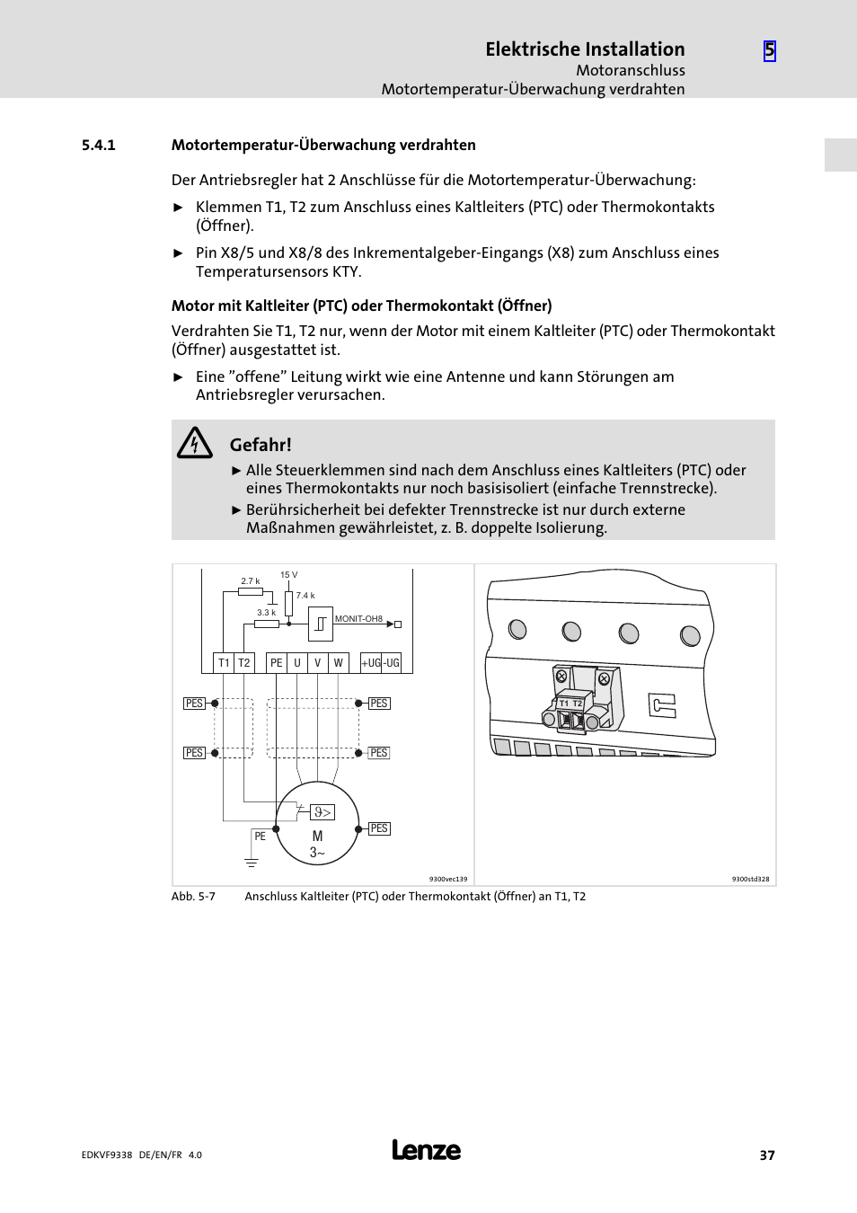 1 motortemperatur-überwachung verdrahten, Motortemperatur−überwachung verdrahten, Elektrische installation | Gefahr | Lenze EVF9338 User Manual | Page 37 / 158