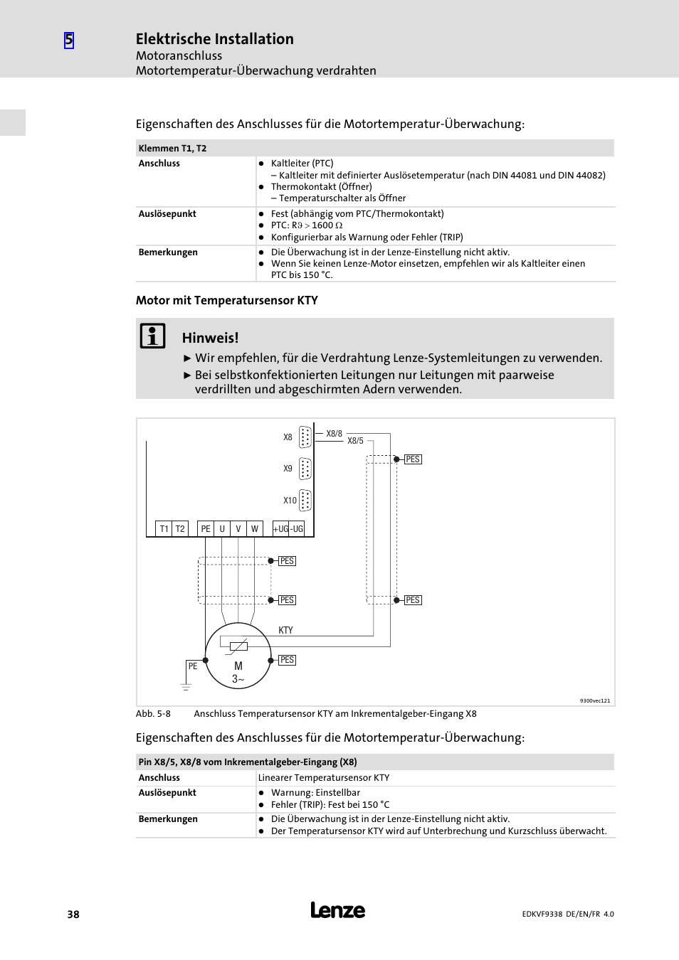 Elektrische installation, Hinweis | Lenze EVF9338 User Manual | Page 38 / 158