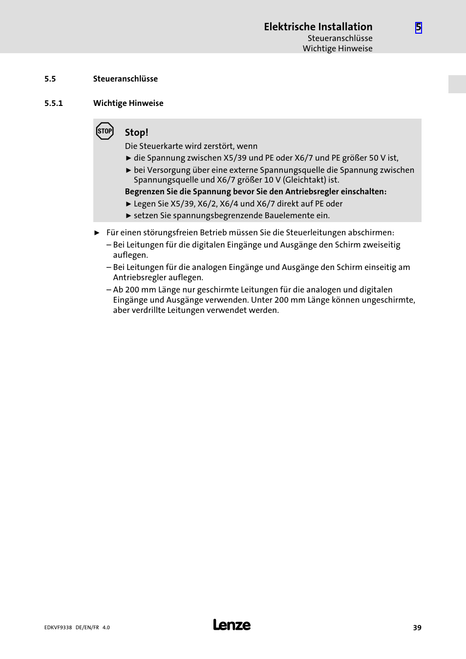 5 steueranschlüsse, 1 wichtige hinweise, Steueranschlüsse | Wichtige hinweise, Elektrische installation | Lenze EVF9338 User Manual | Page 39 / 158