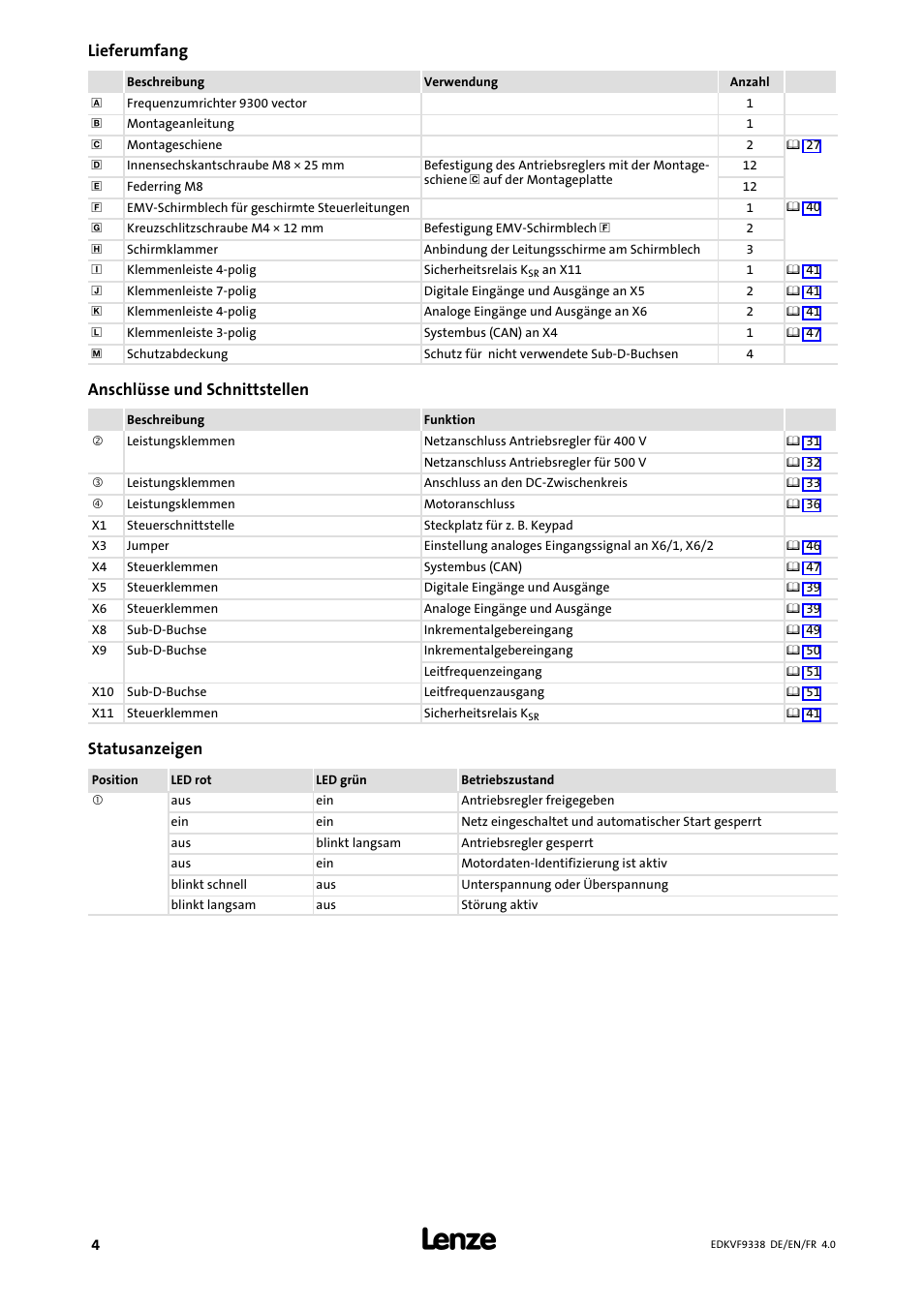 Lieferumfang, Anschlüsse und schnittstellen, Statusanzeigen | Lenze EVF9338 User Manual | Page 4 / 158