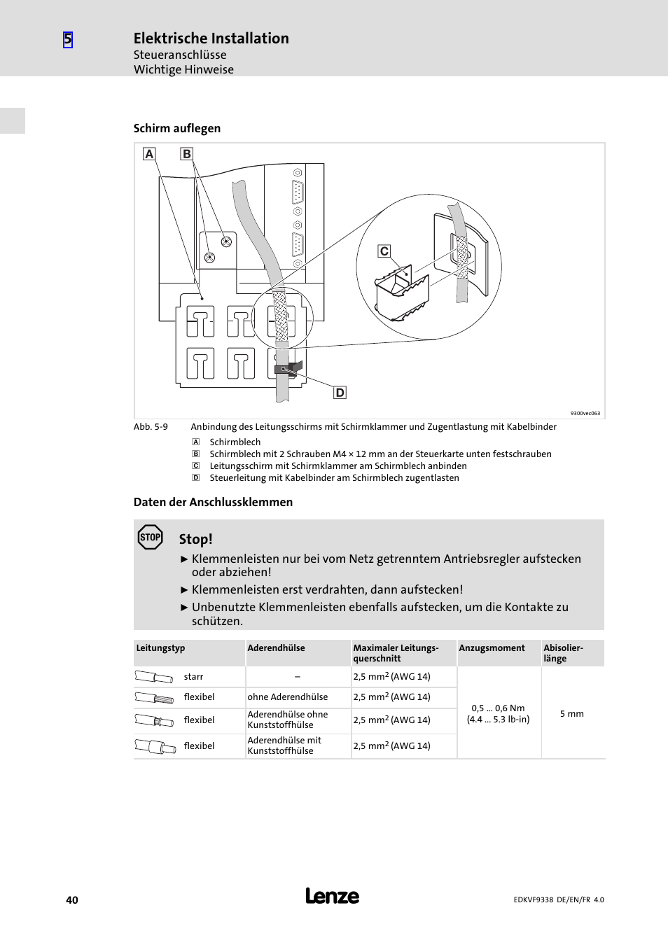 Elektrische installation, Stop | Lenze EVF9338 User Manual | Page 40 / 158