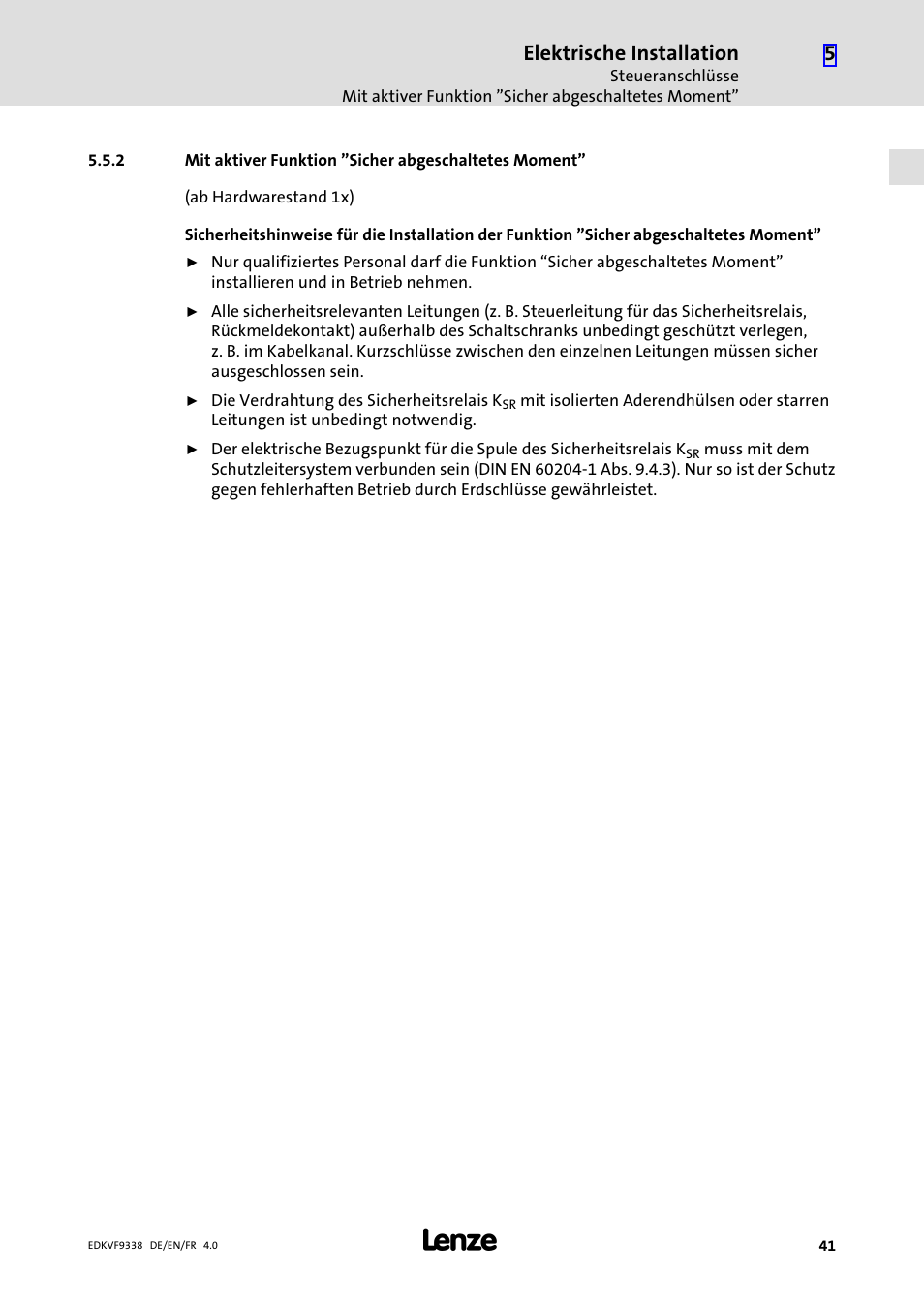 Mit aktiver funktion "sicher abgeschaltetes moment, Elektrische installation | Lenze EVF9338 User Manual | Page 41 / 158