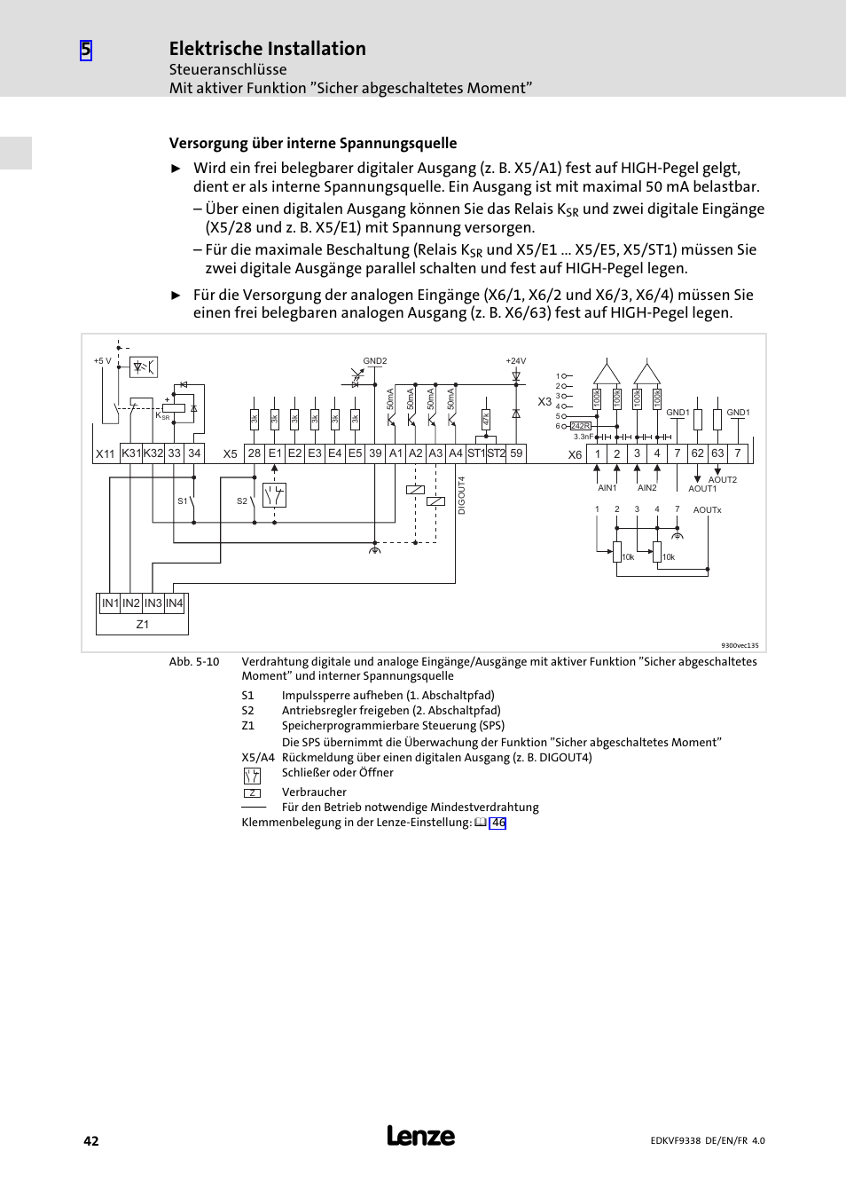 Elektrische installation, Versorgung über interne spannungsquelle | Lenze EVF9338 User Manual | Page 42 / 158