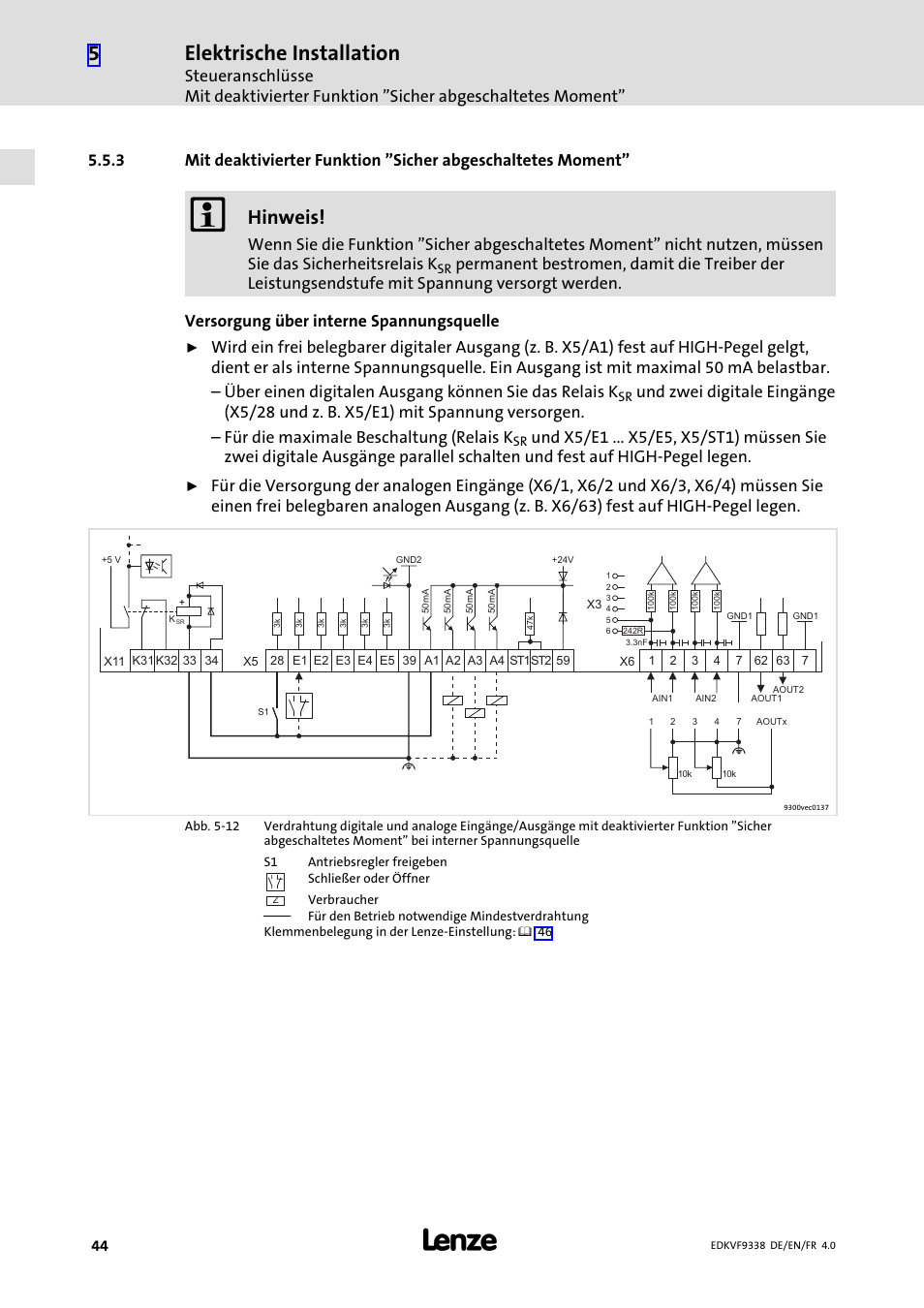 Elektrische installation, Hinweis | Lenze EVF9338 User Manual | Page 44 / 158