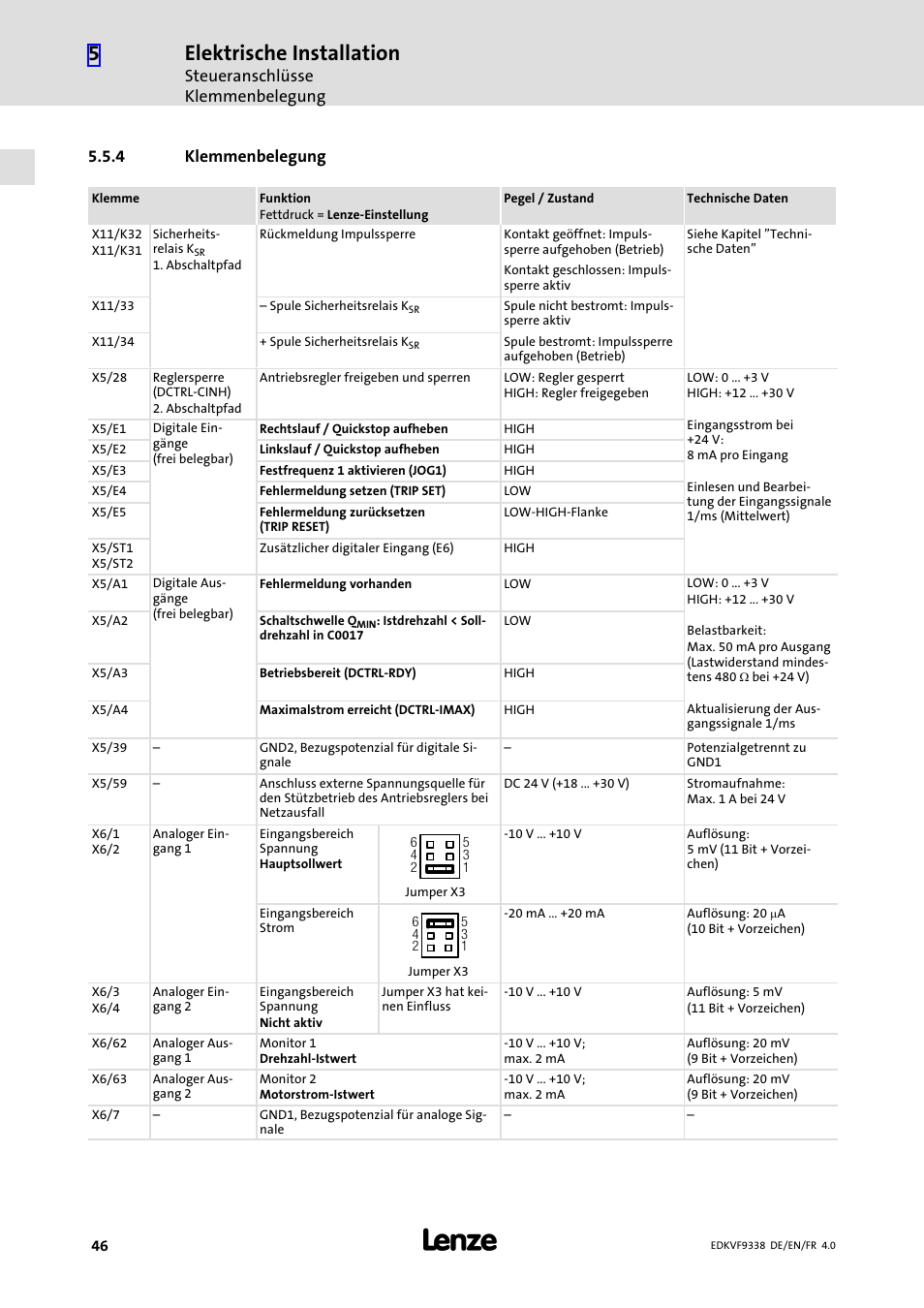 4 klemmenbelegung, Klemmenbelegung, Elektrische installation | Lenze EVF9338 User Manual | Page 46 / 158