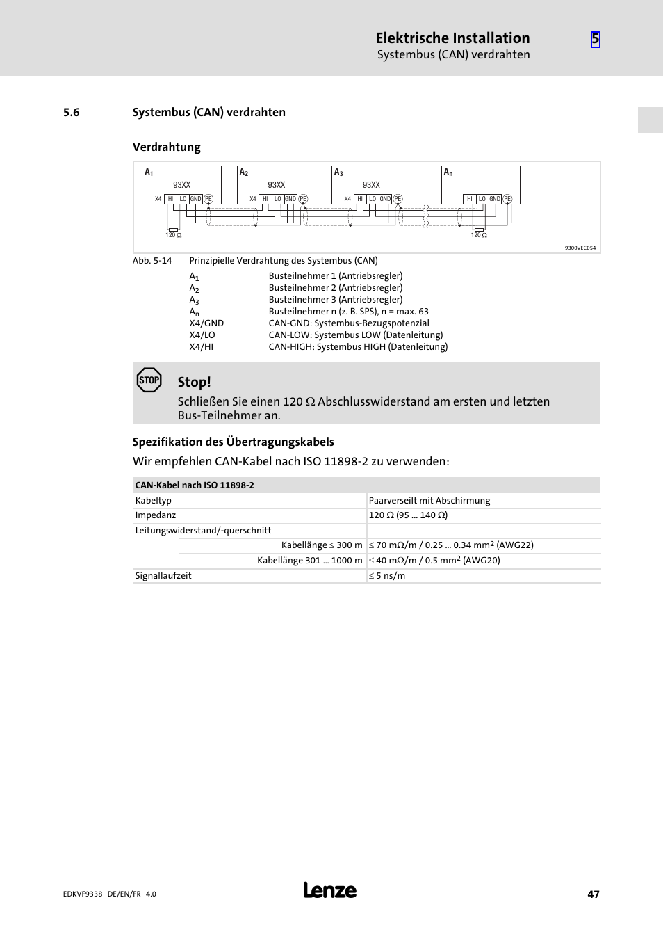 6 systembus (can) verdrahten, Systembus (can) verdrahten, Elektrische installation | Stop, 6 systembus (can) verdrahten verdrahtung | Lenze EVF9338 User Manual | Page 47 / 158
