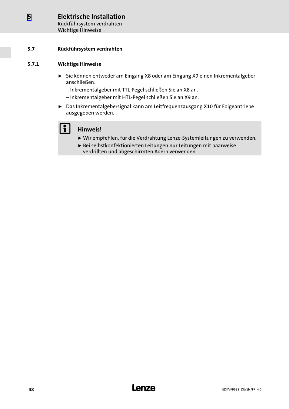 7 rückführsystem verdrahten, 1 wichtige hinweise, Rückführsystem verdrahten | Wichtige hinweise | Lenze EVF9338 User Manual | Page 48 / 158