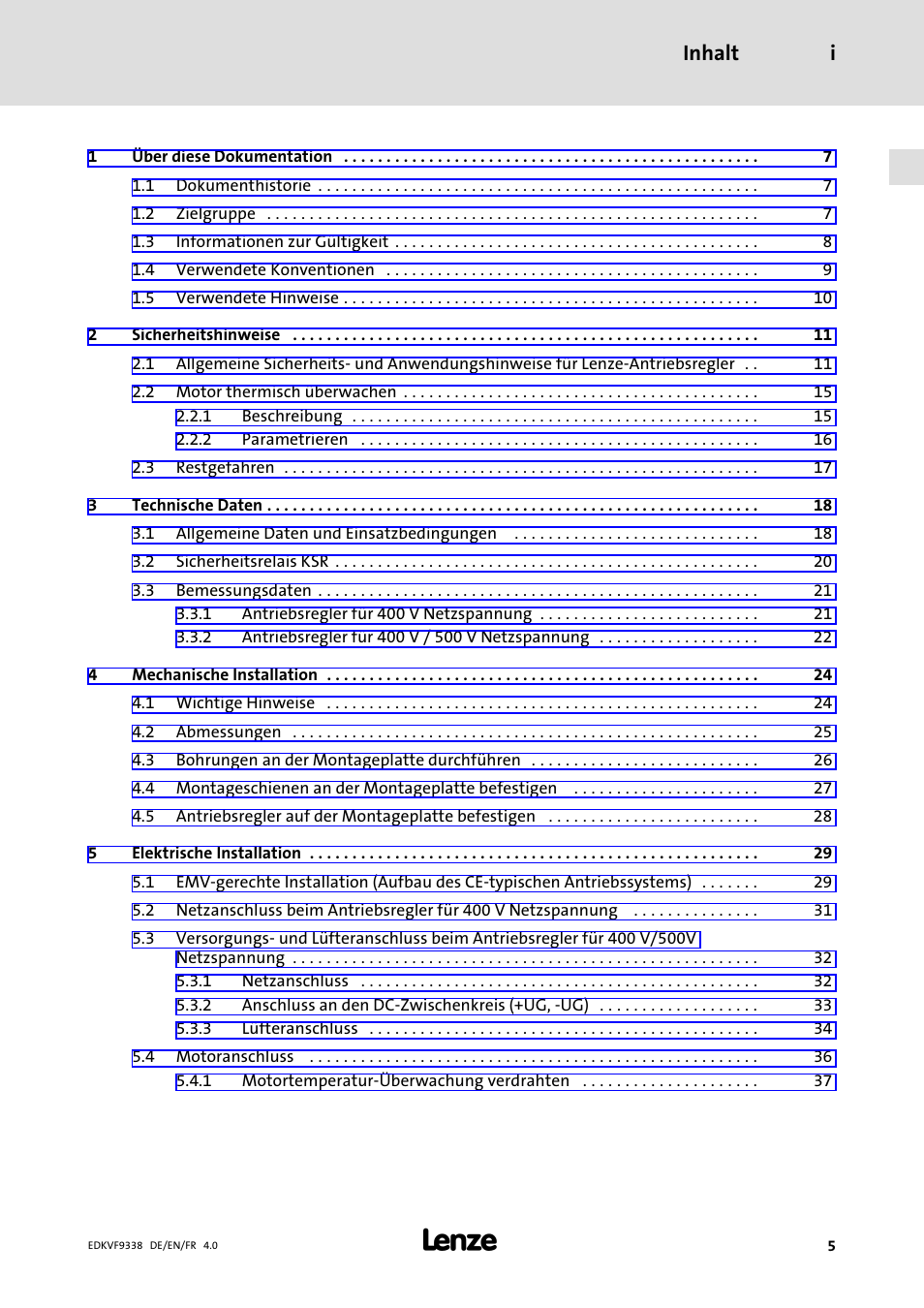 Inhalt, Inhalt i | Lenze EVF9338 User Manual | Page 5 / 158