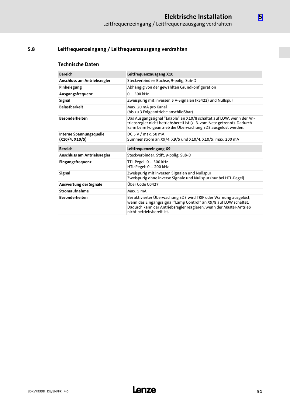 Elektrische installation | Lenze EVF9338 User Manual | Page 51 / 158