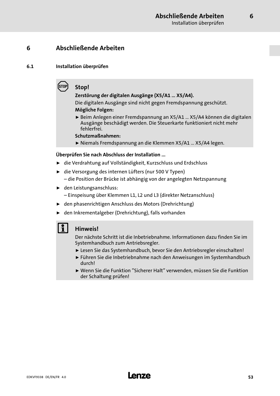 6 abschließende arbeiten, 1 installation überprüfen, Abschließende arbeiten | Installation überprüfen | Lenze EVF9338 User Manual | Page 53 / 158