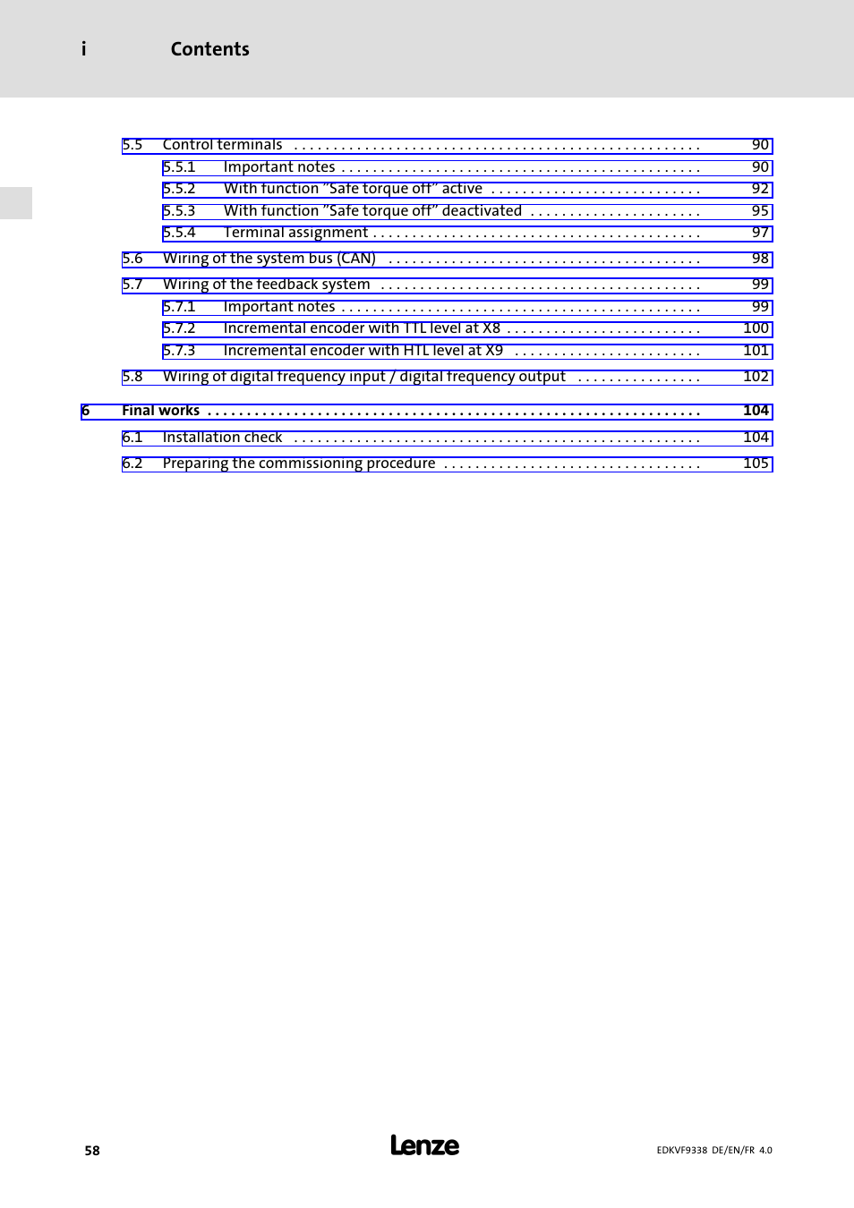Contents i | Lenze EVF9338 User Manual | Page 58 / 158