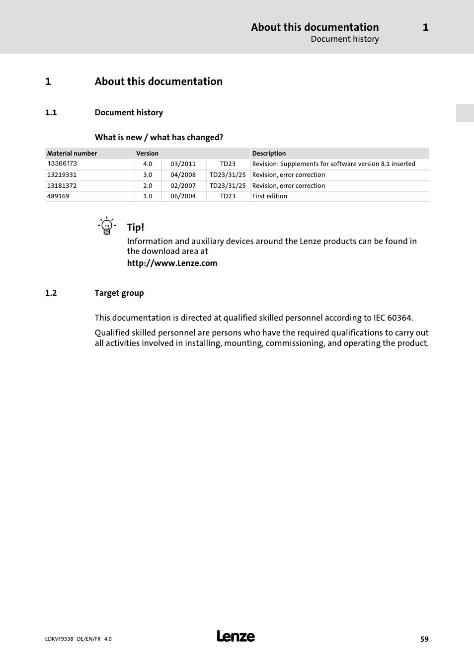 1 about this documentation, 1 document history, 2 target group | About this documentation, Document history, Target group, 1about this documentation | Lenze EVF9338 User Manual | Page 59 / 158