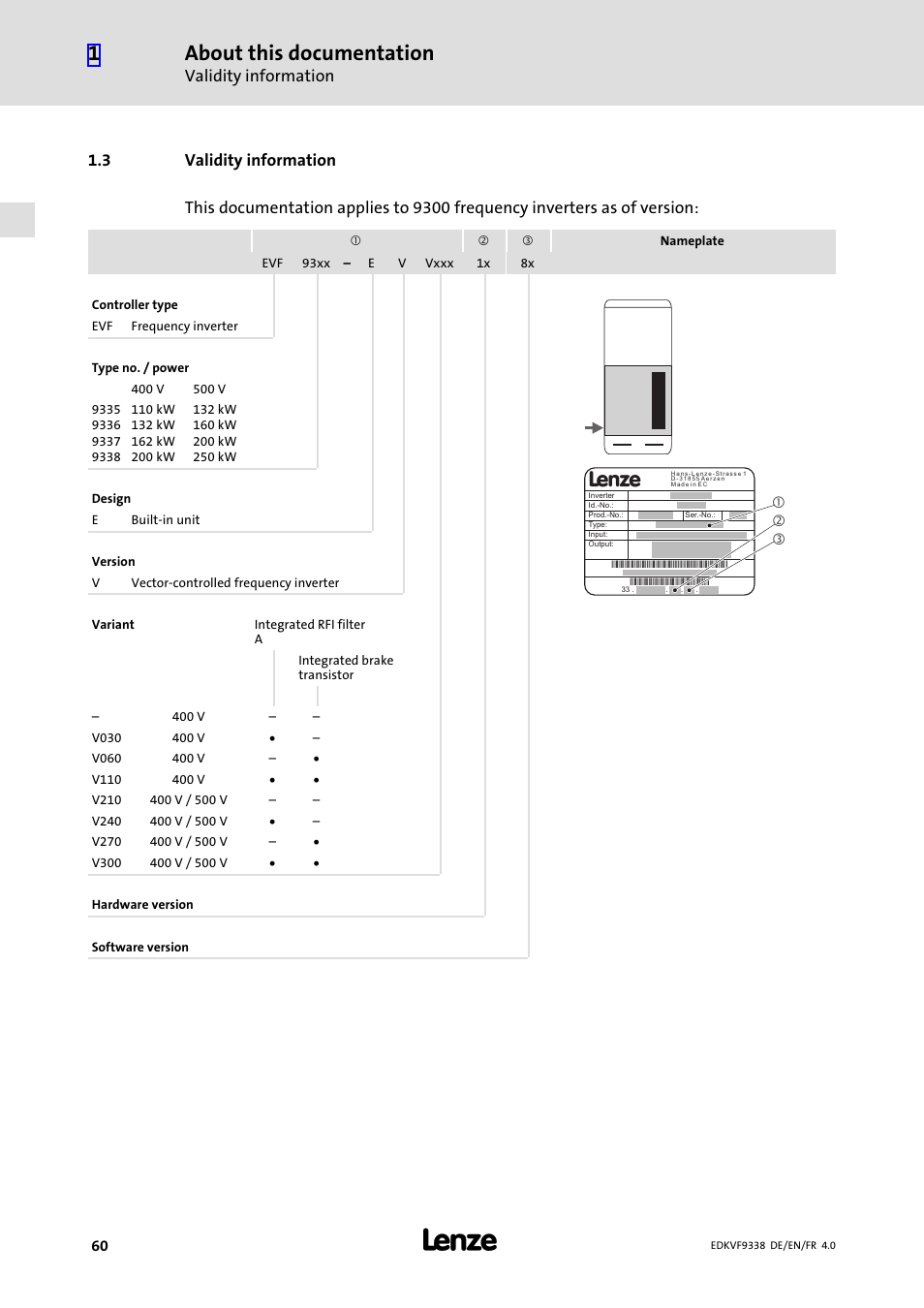 3 validity information, Validity information, About this documentation | Lenze EVF9338 User Manual | Page 60 / 158