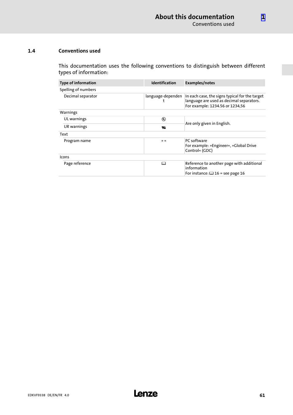 4 conventions used, Conventions used, About this documentation | Lenze EVF9338 User Manual | Page 61 / 158